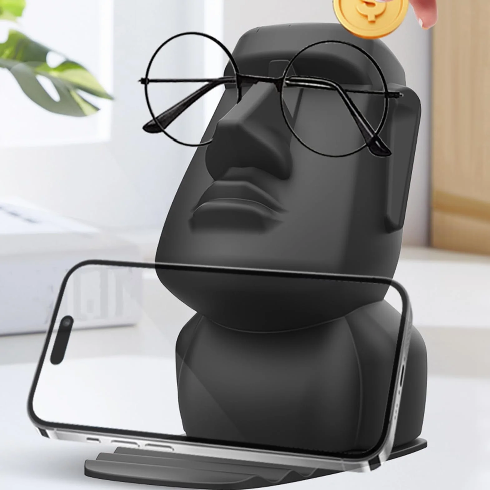 Zabawny uchwyt okulary, stojak okulary - Stojak okulary z g?ow? Wyspy Wielkanocnej - Rze?ba stó? domowy, wielofunkcyjna podstawka telefon komórkowy do sypialni w akademiku