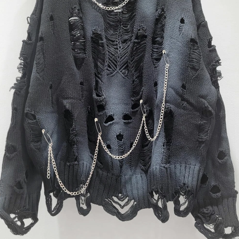 Damski gotycki sweter oversize z długim rękawem, wycięciami, okrągłym dekoltem, podarty sweter, bluza dziergana