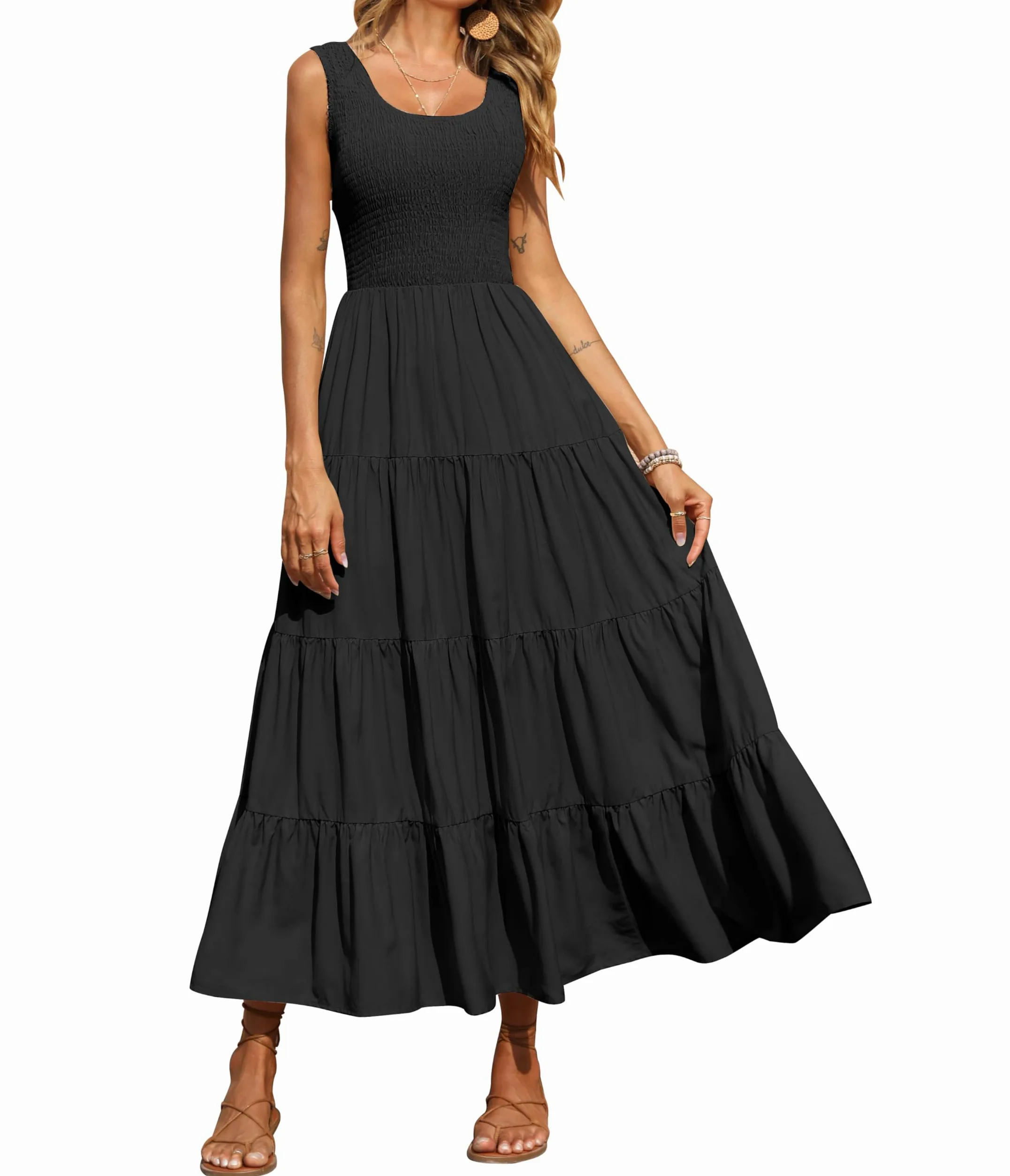 PRETTYGARDEN Damska 2024 casualowa luźna gładka sukienka maxi sukienka bez rękawów letnia plaża wielowarstwowe długie sukienki, Czarny, S