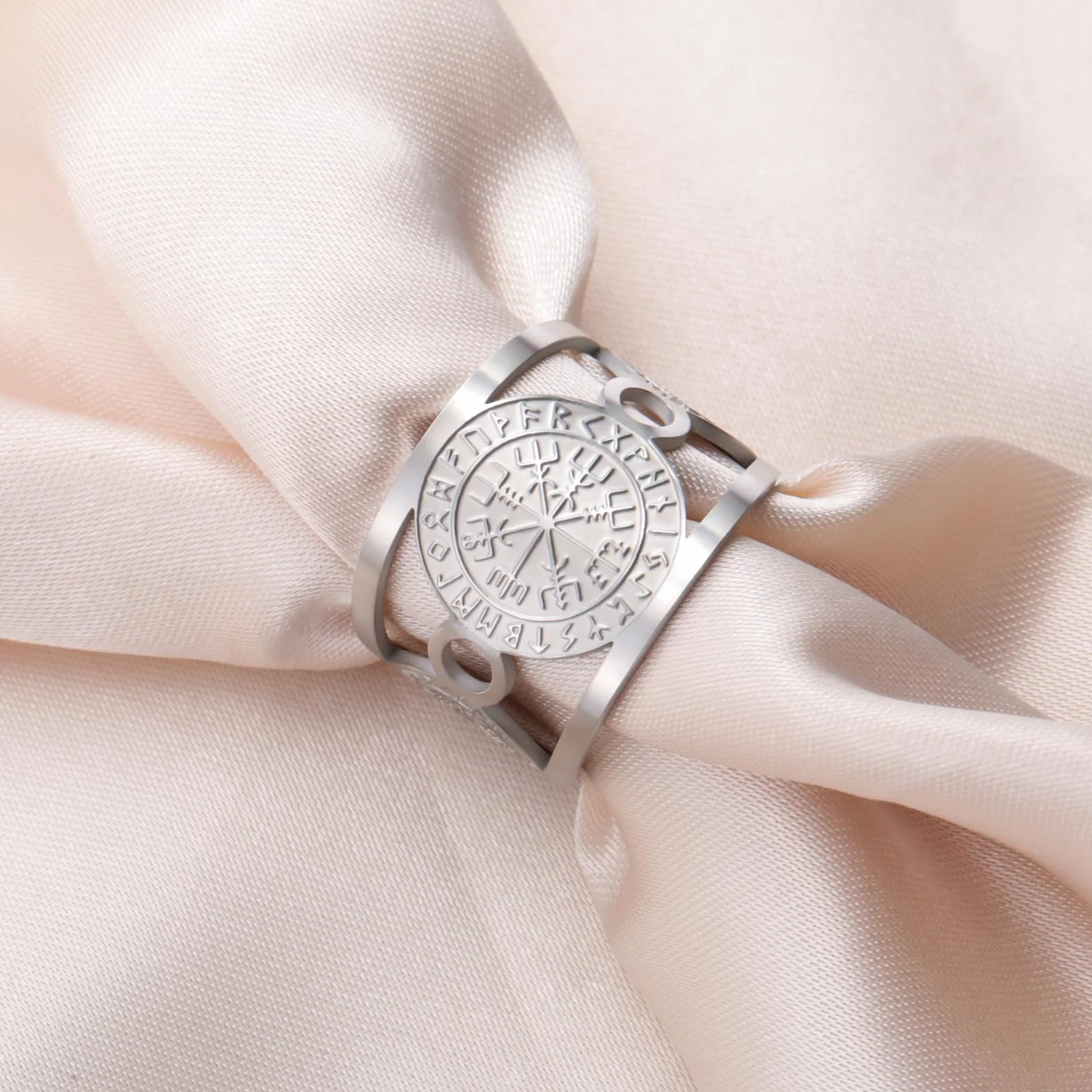 TEAMER Regulowany pierścień Vegvisir ze stali nierdzewnej nordycki kompas runiczny ochrona i przewodnik amulet biżuteria dla kobiet
