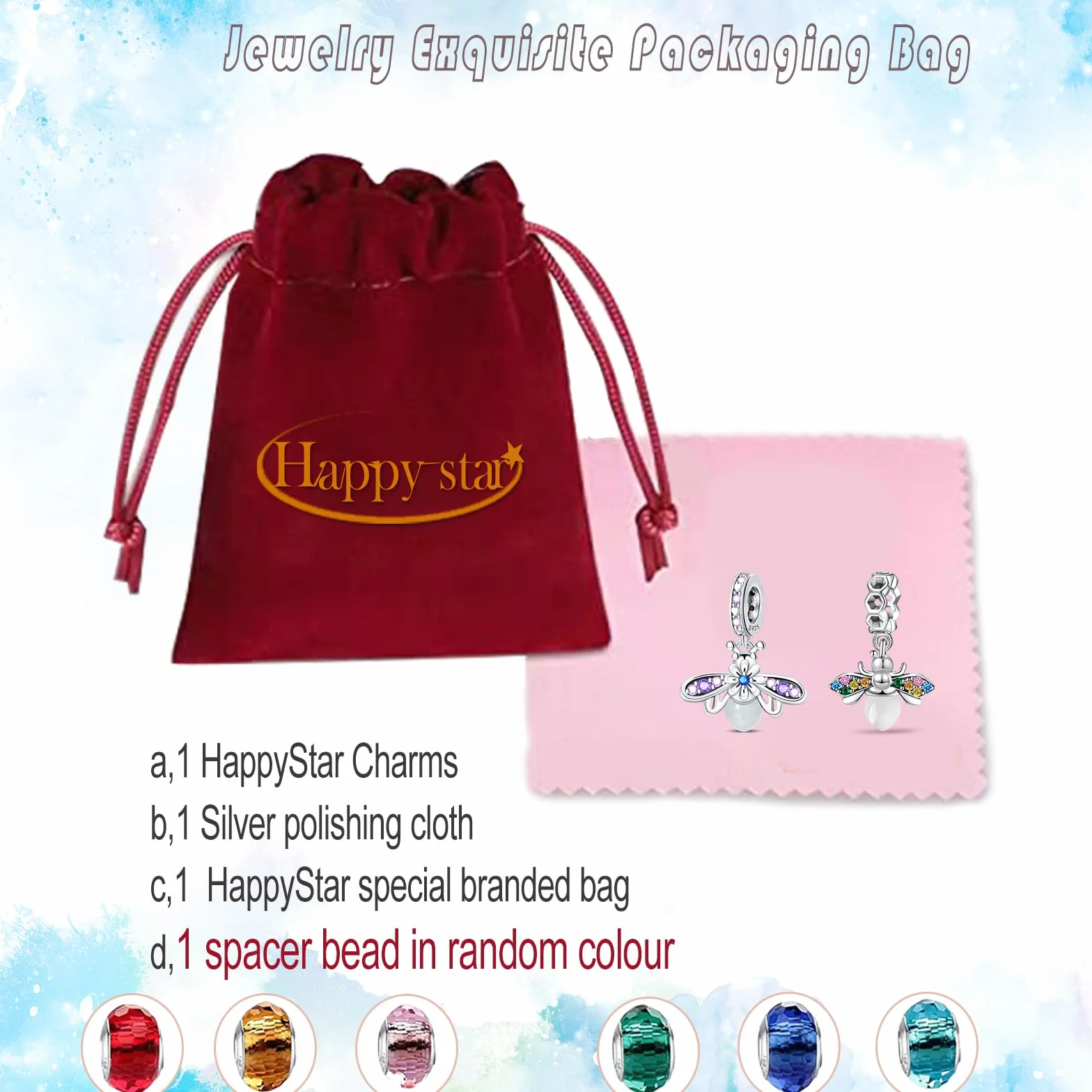 HappyStar Wisiorek charms ze srebra próby 925 do bransoletek, wisiorek typu charms, dla kobiet, kompatybilny z europejskimi bransoletkami i łańcuszkami Pandora (z koralikami dystansowymi
