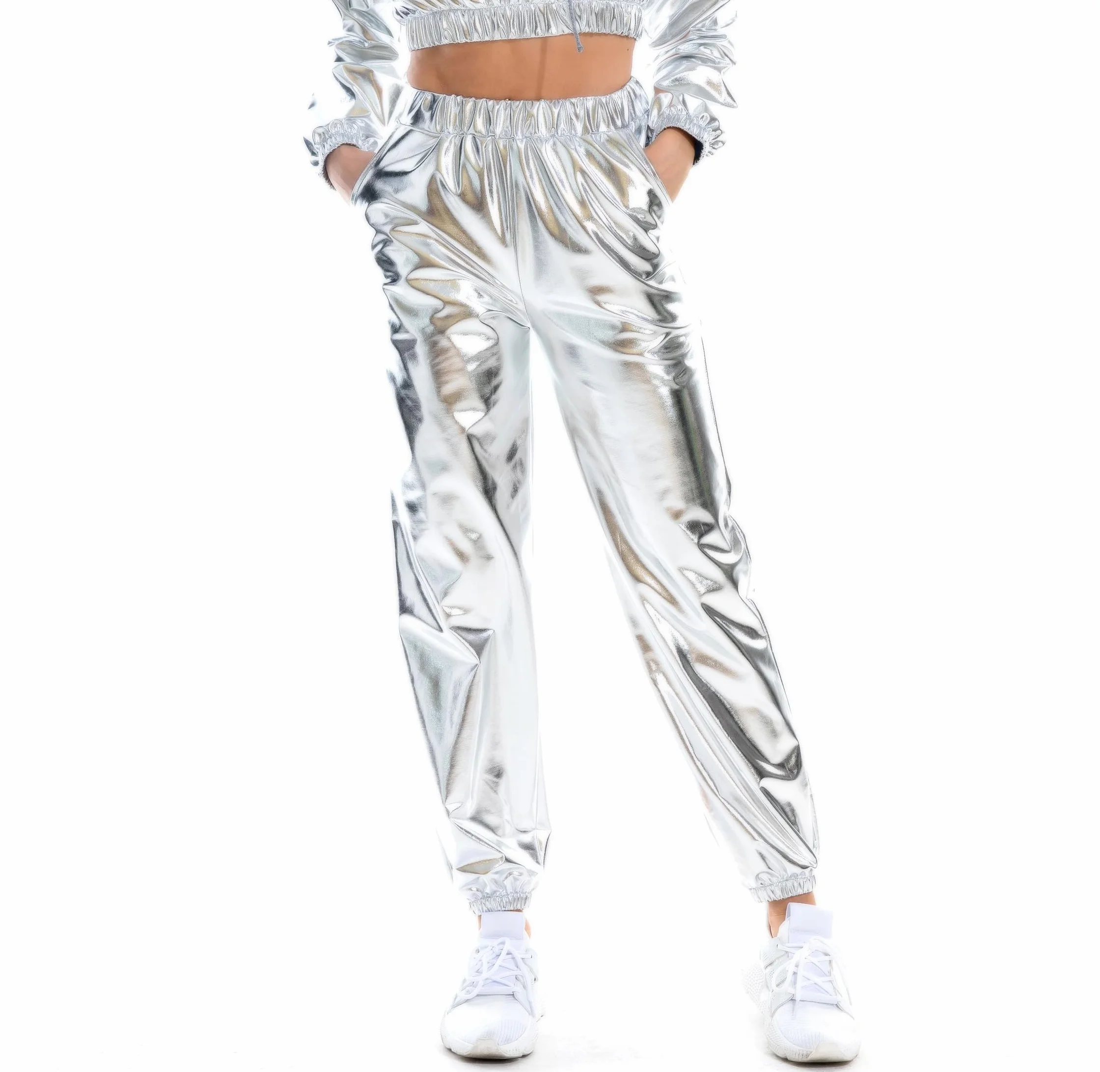 NewL Damskie metaliczne błyszczące joggery na co dzień holograficzne kolorowe spodnie streetwear hip-hop moda gładkie elastyczne spodnie