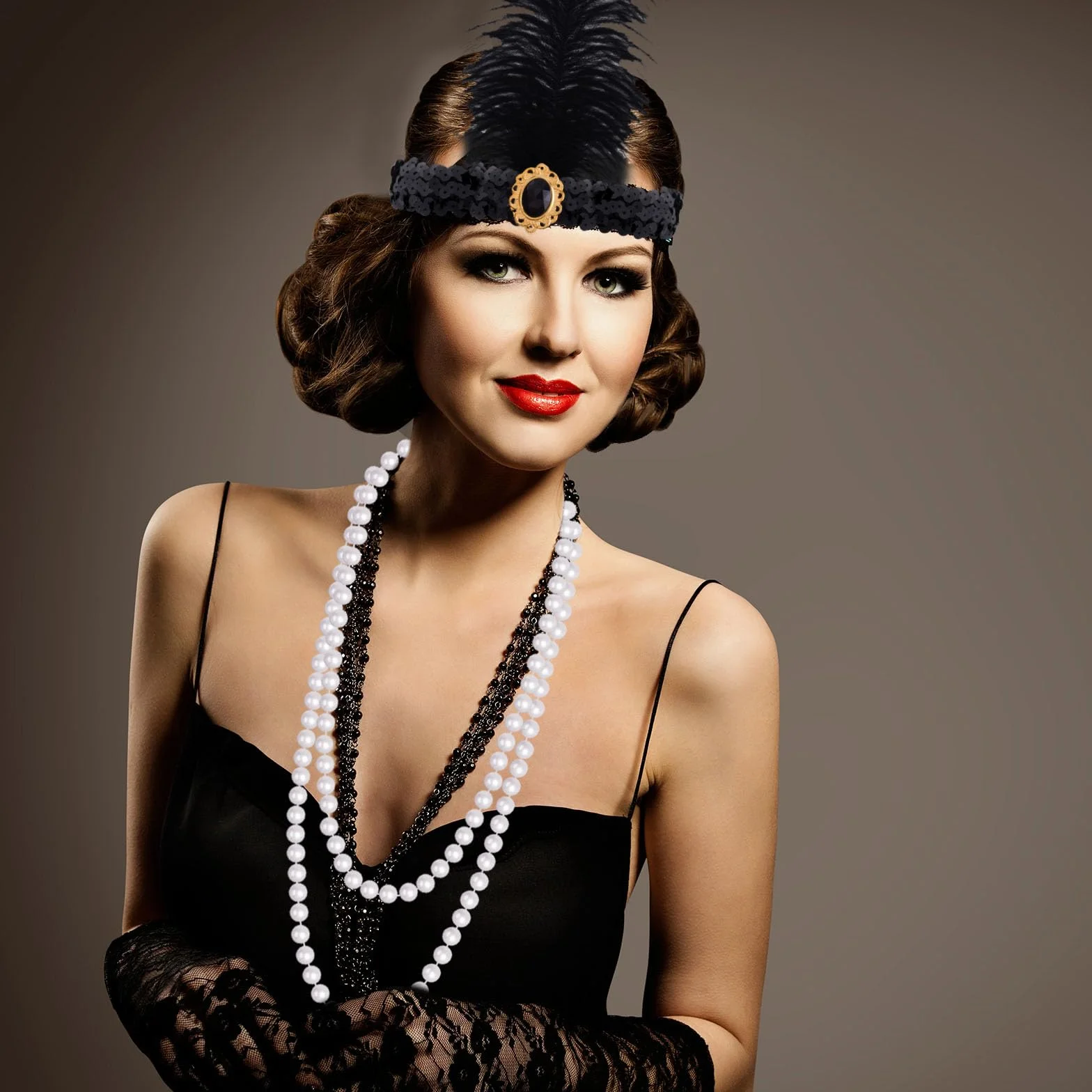FEPITO 8-częściowy zestaw akcesoriów z piórami Great Gatsby, z motywem lat 20. XX wieku, z opaską na czoło, ozdoba na głowę, długie czarne rękawiczki, naszyjnik, kolczyki dla kobiet (zestaw E)