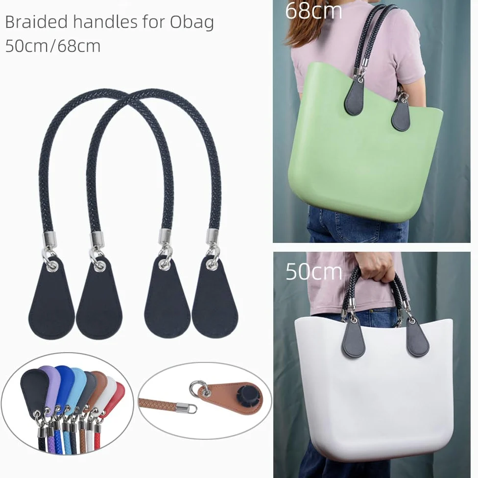 Nowa 1 para Obag PU Tkane plecione skórzane uchwyty linowe paski okrągły uchwyt do akcesoriów O bag (czarny,Długość 68cm)
