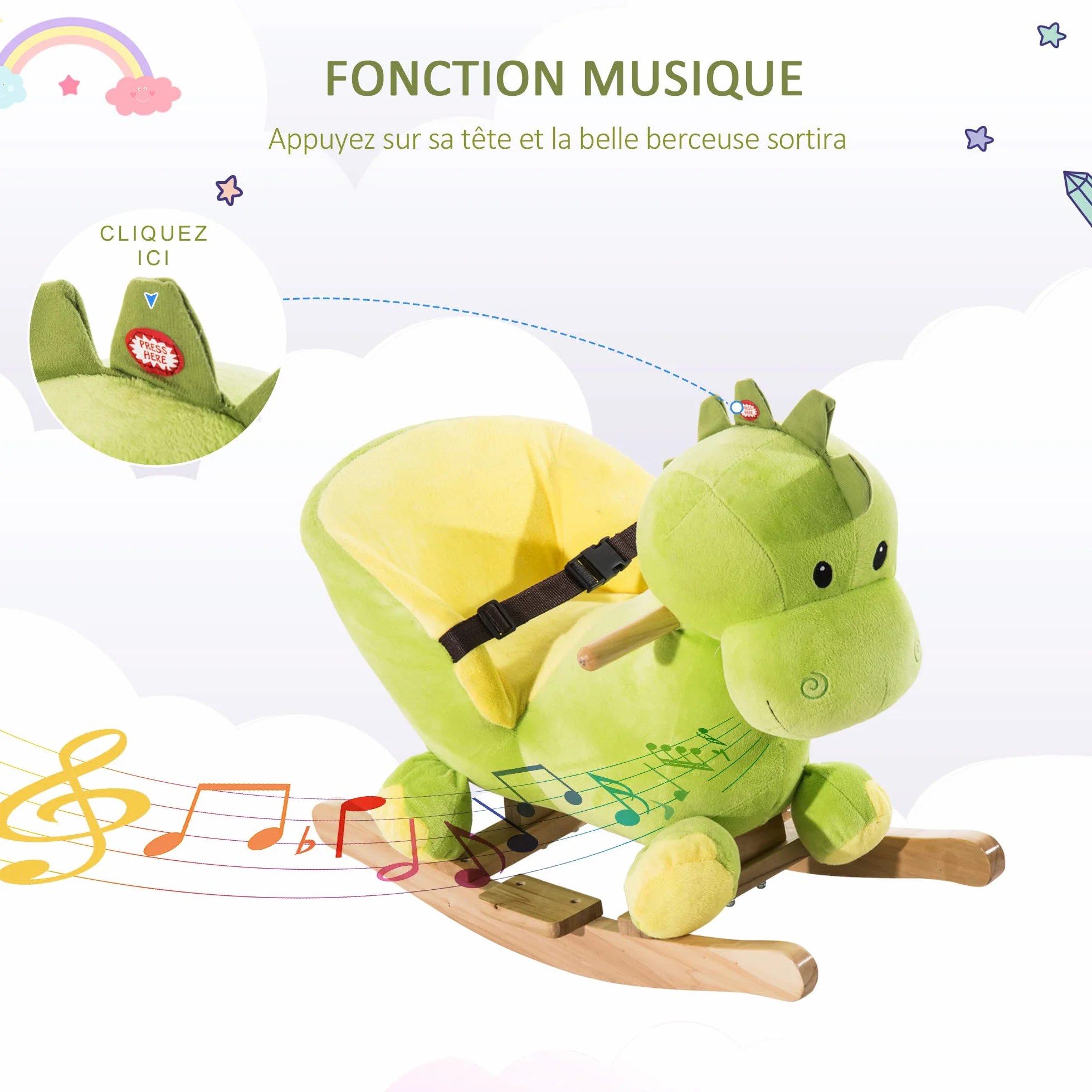 HOMCOM Zabawka bujana dinozaur pas bezpieczeństwa efekt dźwiękowy 32 piosenki Wood Plush Green