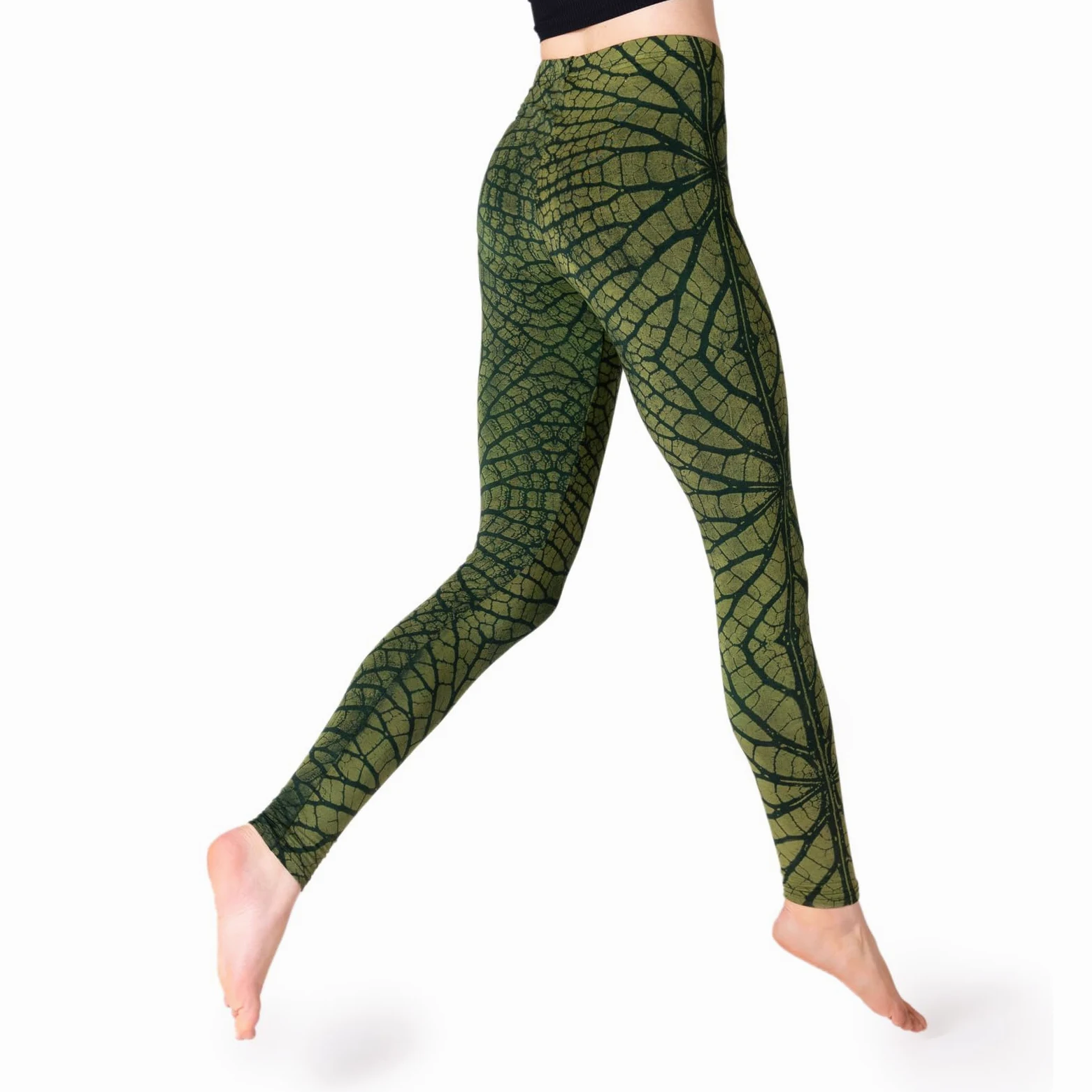 PANASIAM Batik Leggings Liści damskie - legginsy ze strukturą liścia - Do jogi, sportowe, fitnessu - naturalny materiał - wygodny - sportowy - modny