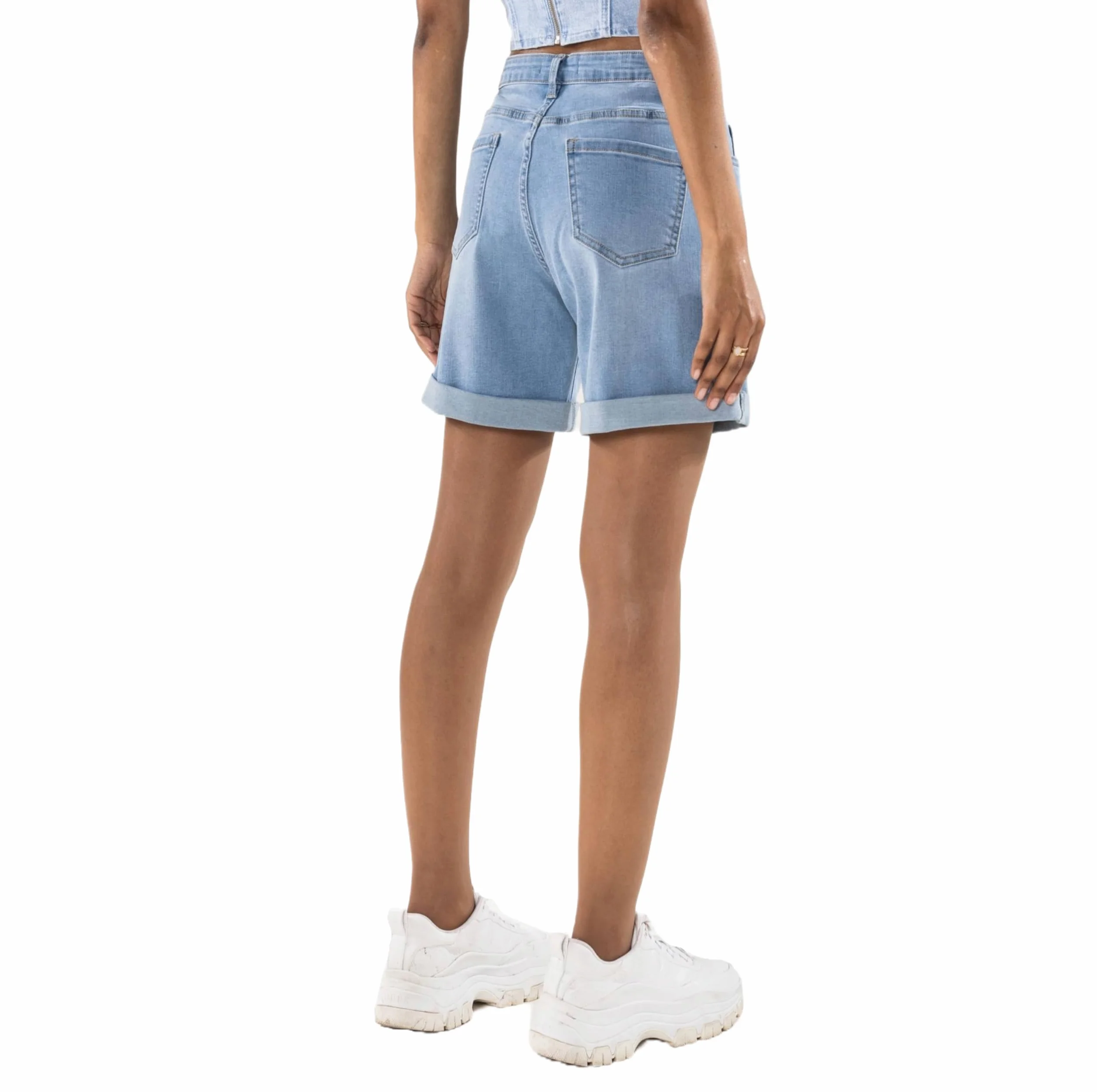 Nina Carter P208 damskie szorty jeansowe z wysokim stanem, styl used look, na uda, denim, letnie szorty