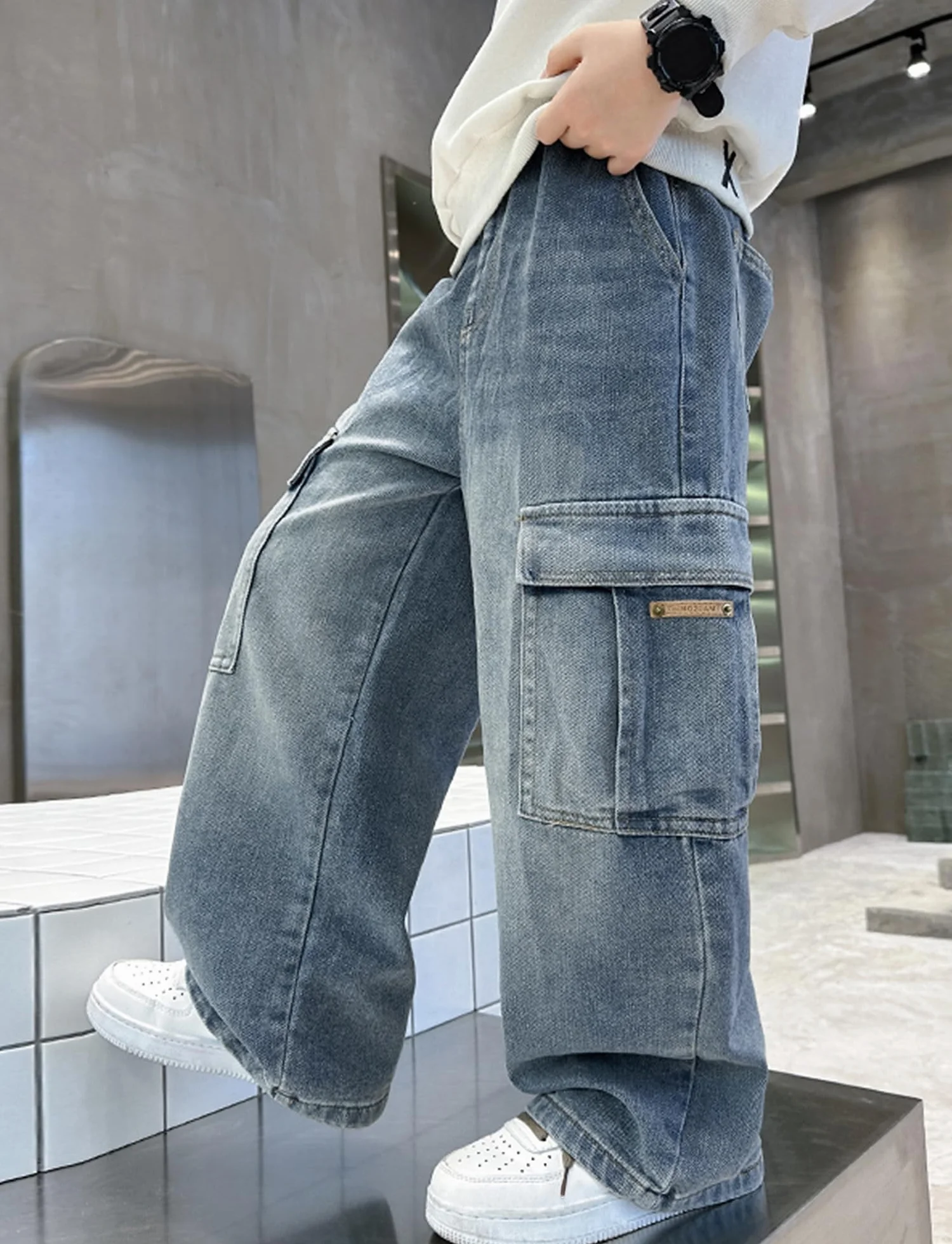 Happy Cherry - Baggy Jeans chłopięce szerokie spodnie dżinsowe chłopięce Y2K Streetwear Spodnie dziecięce Nastolatek Hip Hop Streetwear Casual na lato Wiosna Jesień Zima - 110-164