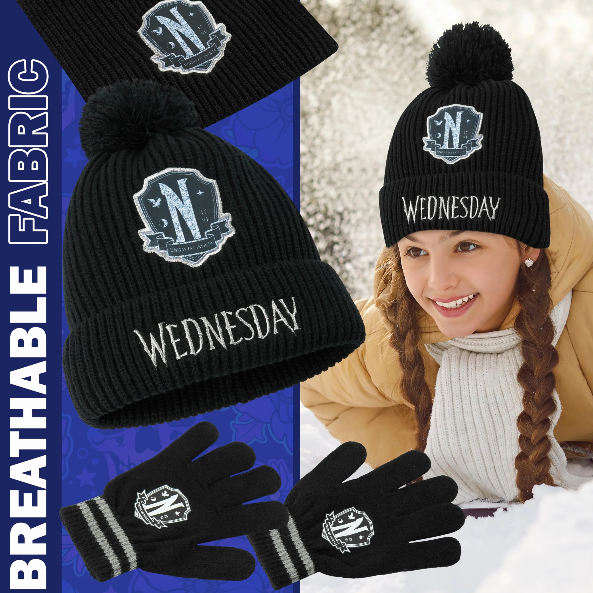 Wednesday Zestaw akcesoriów zimowych 3-częściowy czapka beanie szal rękawiczki dla dziewczynek 6-14 lat
