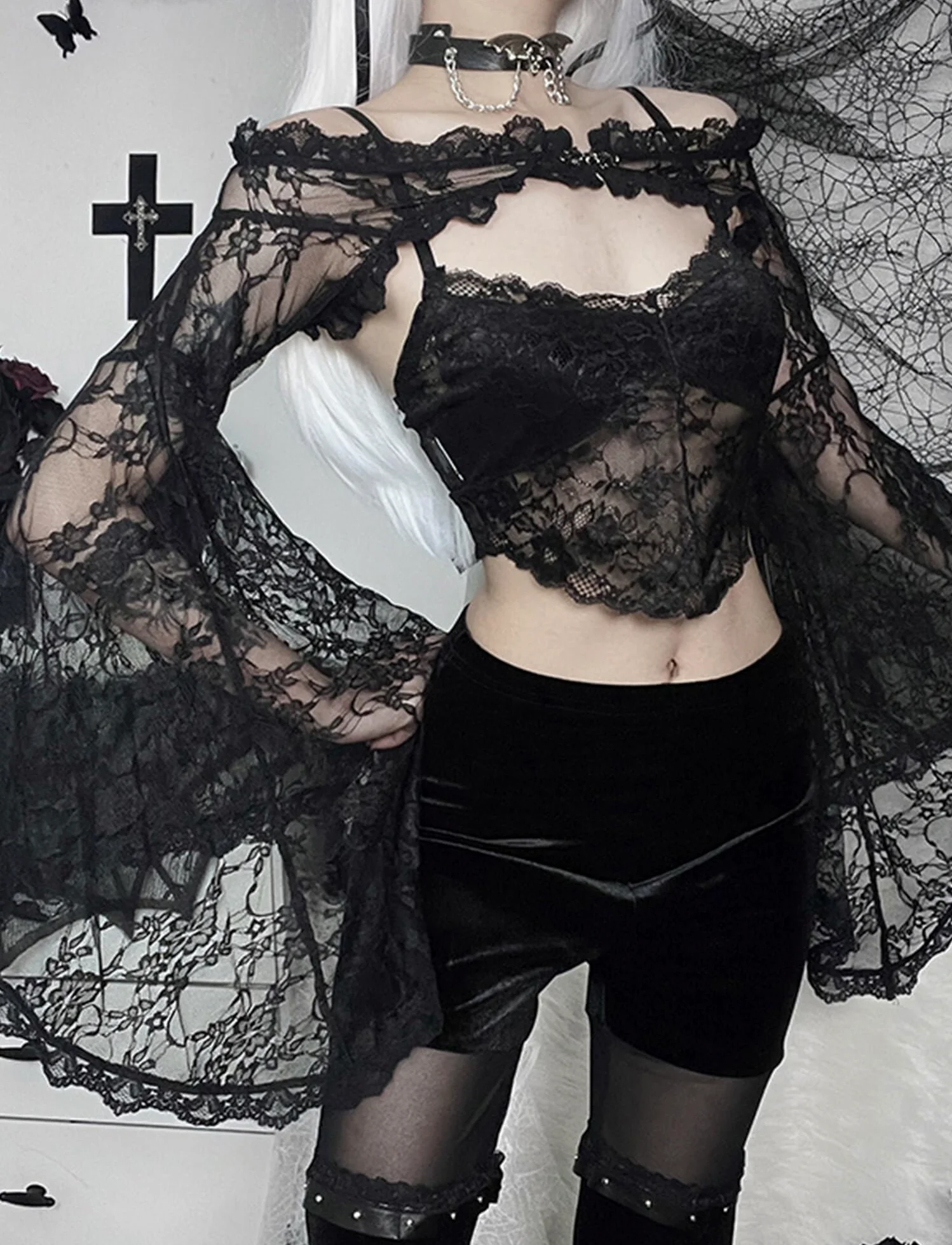 SEAUR Gothic koronkowe bolerko damskie z długim rękawem, styl vintage, punk, na imprezę, do klubu, na karnawał, Halloween