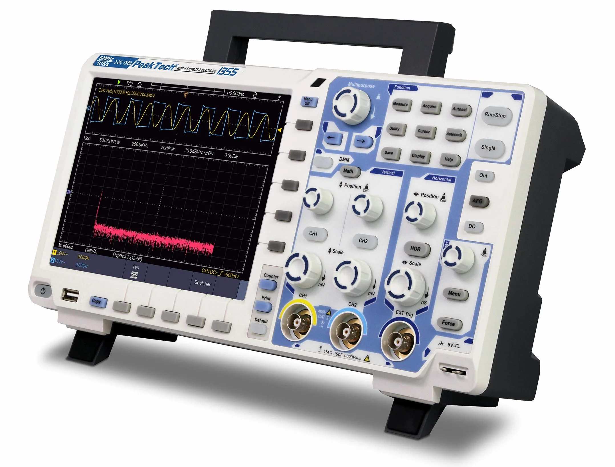 PeakTech P 1355 2-Channel Storage Oscilloscope 60 MHz Max. 1 GS/s and 12 bit A/D - with USB, LAN interface & 8" touch screen, memory depth 40 million points, FFT & XY mode, DSO 18 W, 240 V