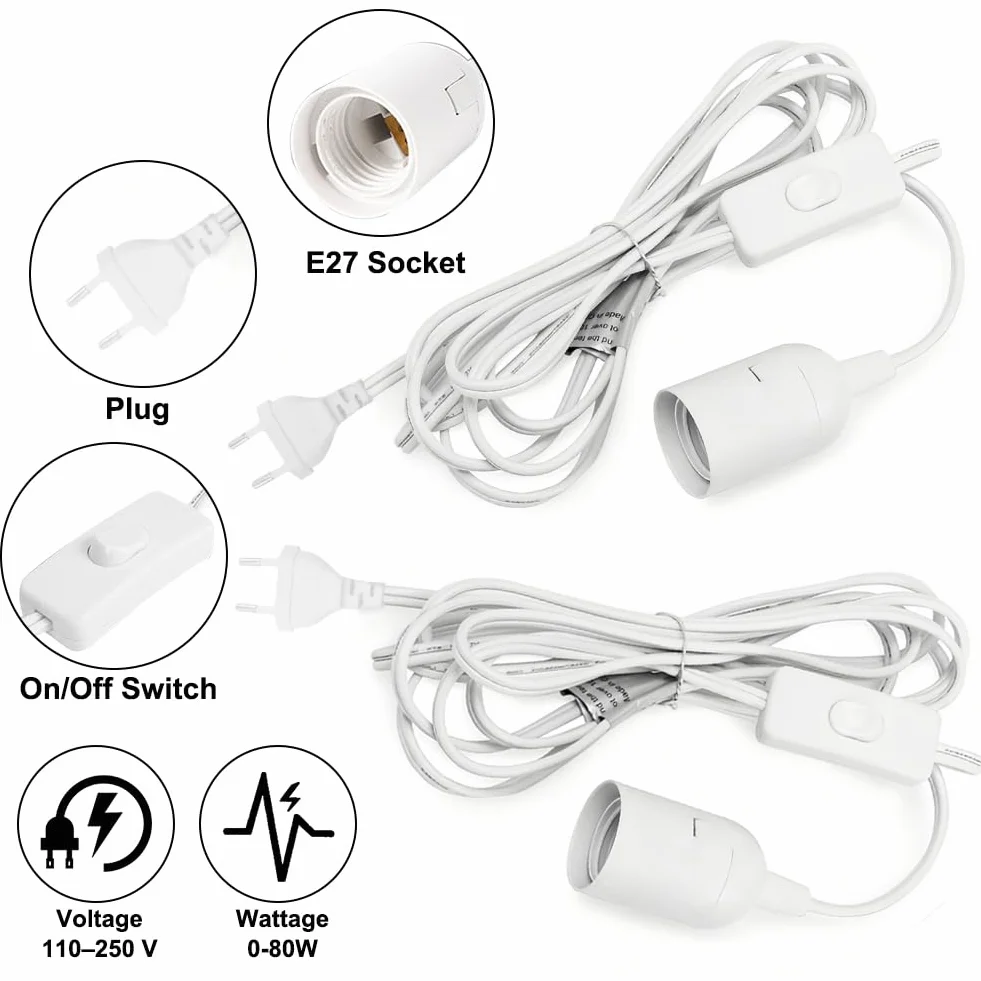 2 sztuki oprawek E27 z przełącznikiem, adapter gniazda wtykowego E27, przewód zasilający 2 m i wtyczka UE do lamp DIY, do zawieszenia lampy, lampa wisząca, salon, kuchnia, kolor biały