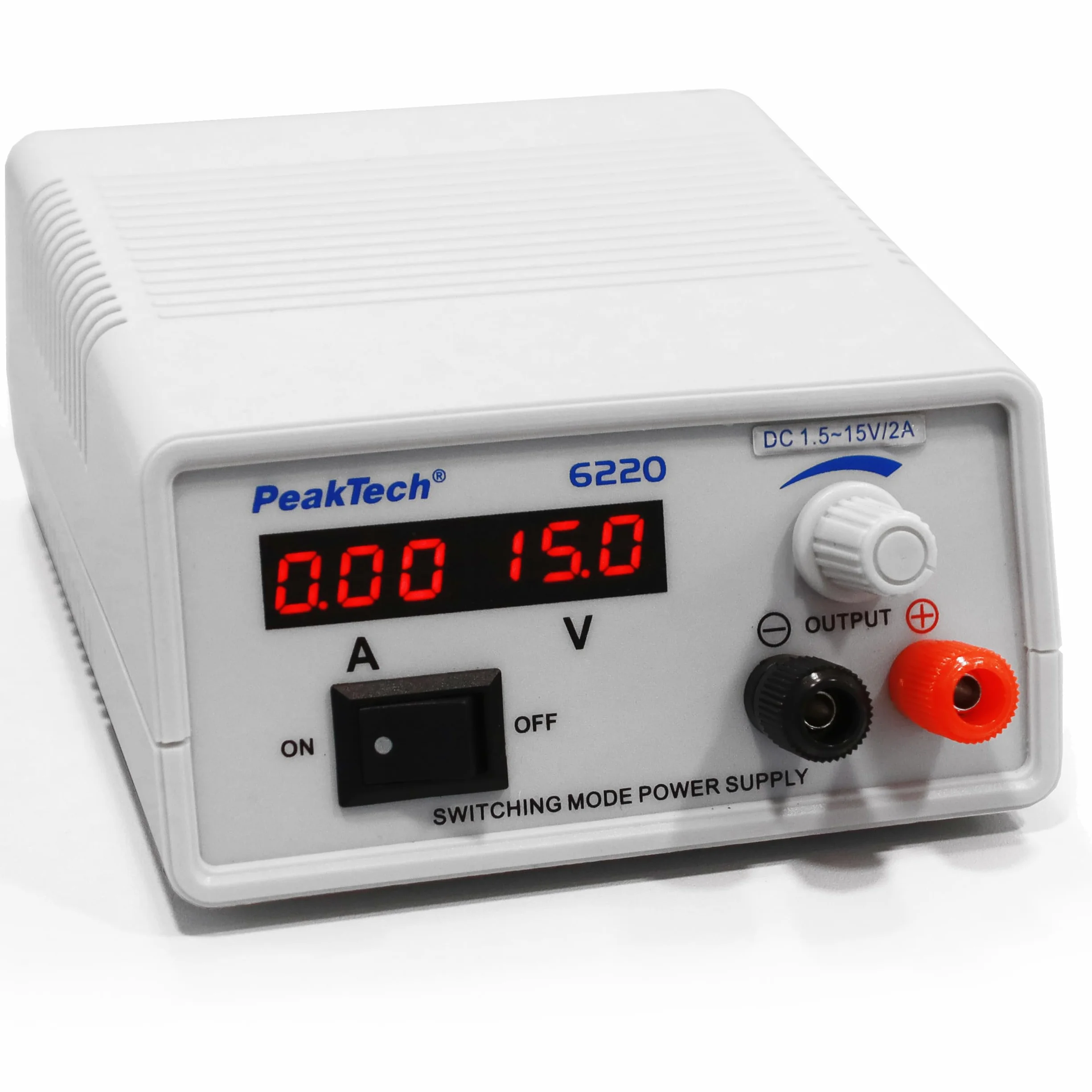 PeakTech 6220 Mini DC zasilacz impulsowy regulowany 1,5 V - 15 V / 2 A, zasilacz laboratoryjny z wyświetlaczem LED, P 6220, jasnoszary