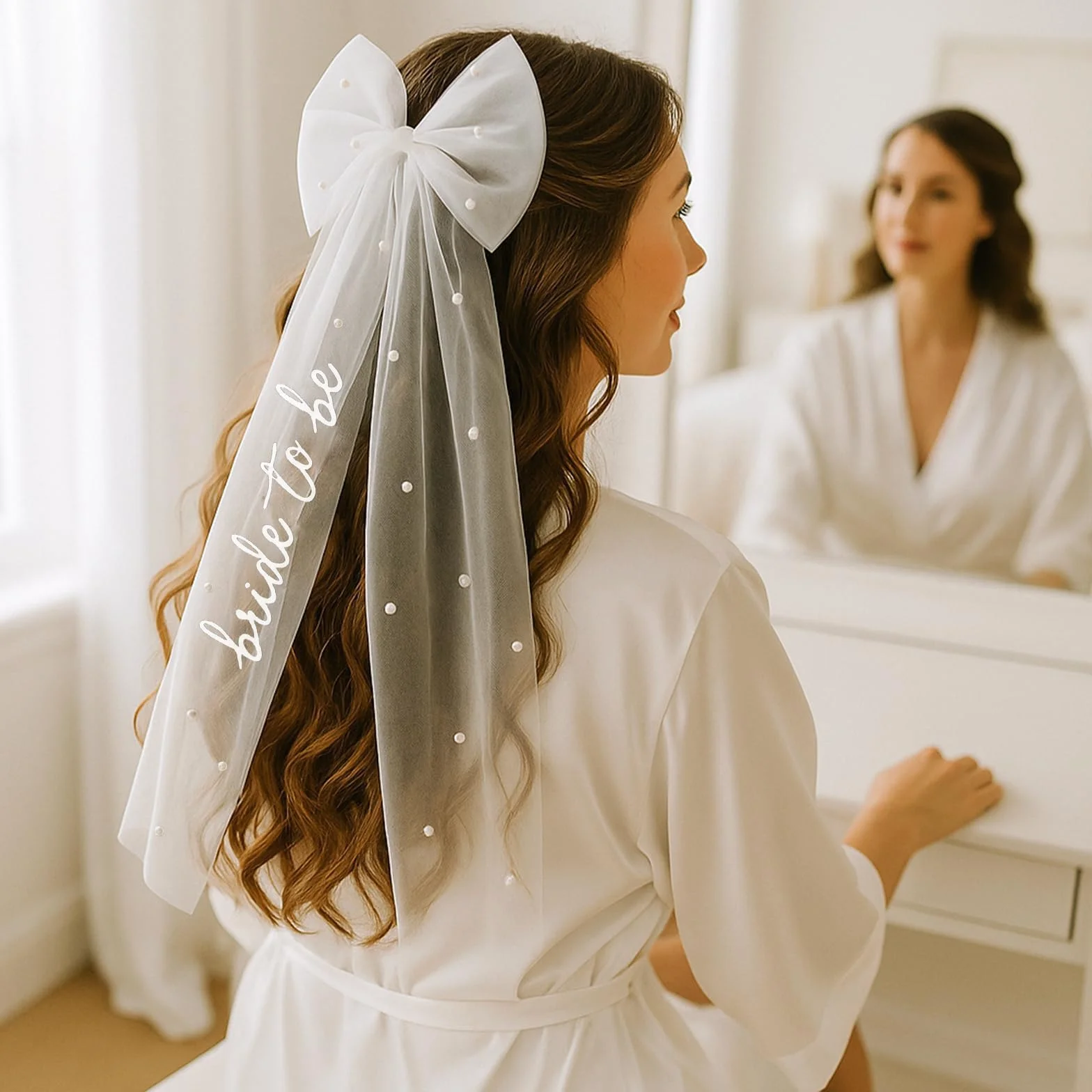 Bride to Be Bow Veil with Pearls, White Bridal Hair Bow Clip with Veil für Bachelorette, Bridal Shower, Wedding Morning