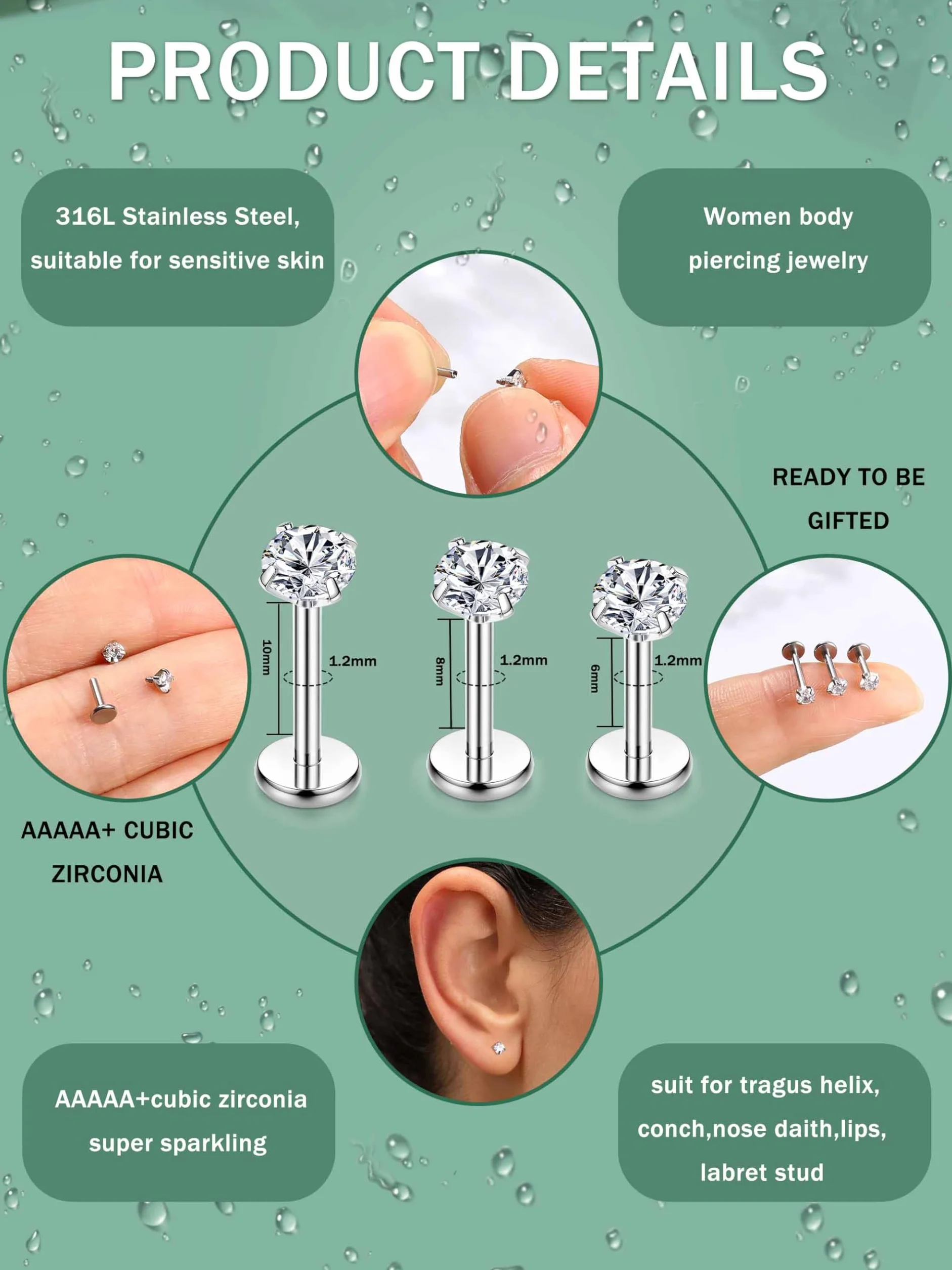 CASSIECA 20 szt. hipoalergiczne kolczyki ze stali nierdzewnej 16G, labret piercing z 3 mm CZ chrząstka, tragus, helix, Monroe, biżuteria, 6 mm, 8 mm, 10 mm, Stal nierdzewna