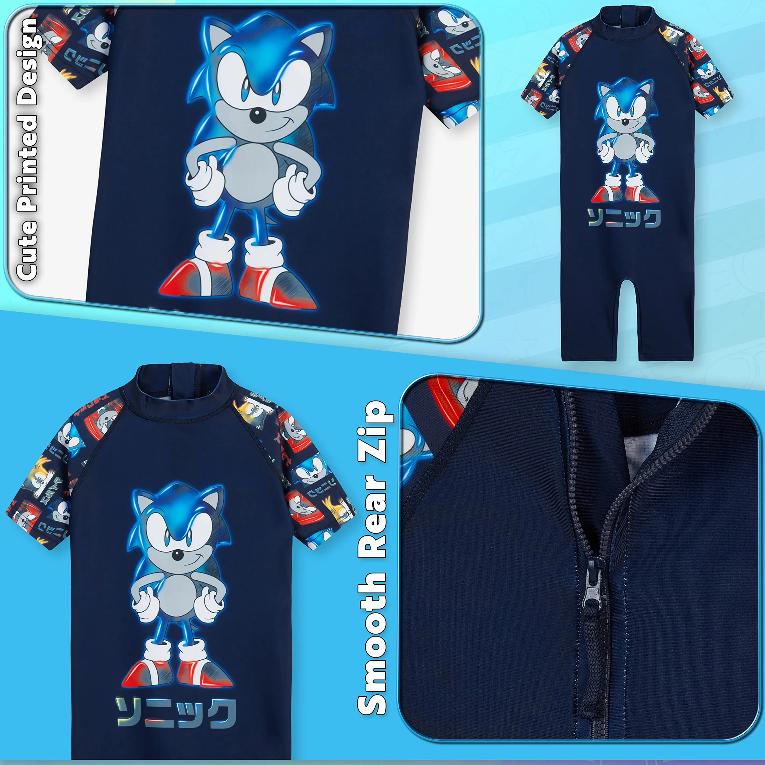 Sonic The Hedgehog Pływanie Chłopców Kostium Lato Wakacje Niezbędniki dla Dzieci Stroje Kąpielowe dla Dzieci 3-10 Lat Krótki Rękaw Pełne Ciało Strój kąpielowy z Zamkiem Błyskawicznym Plaża Basen