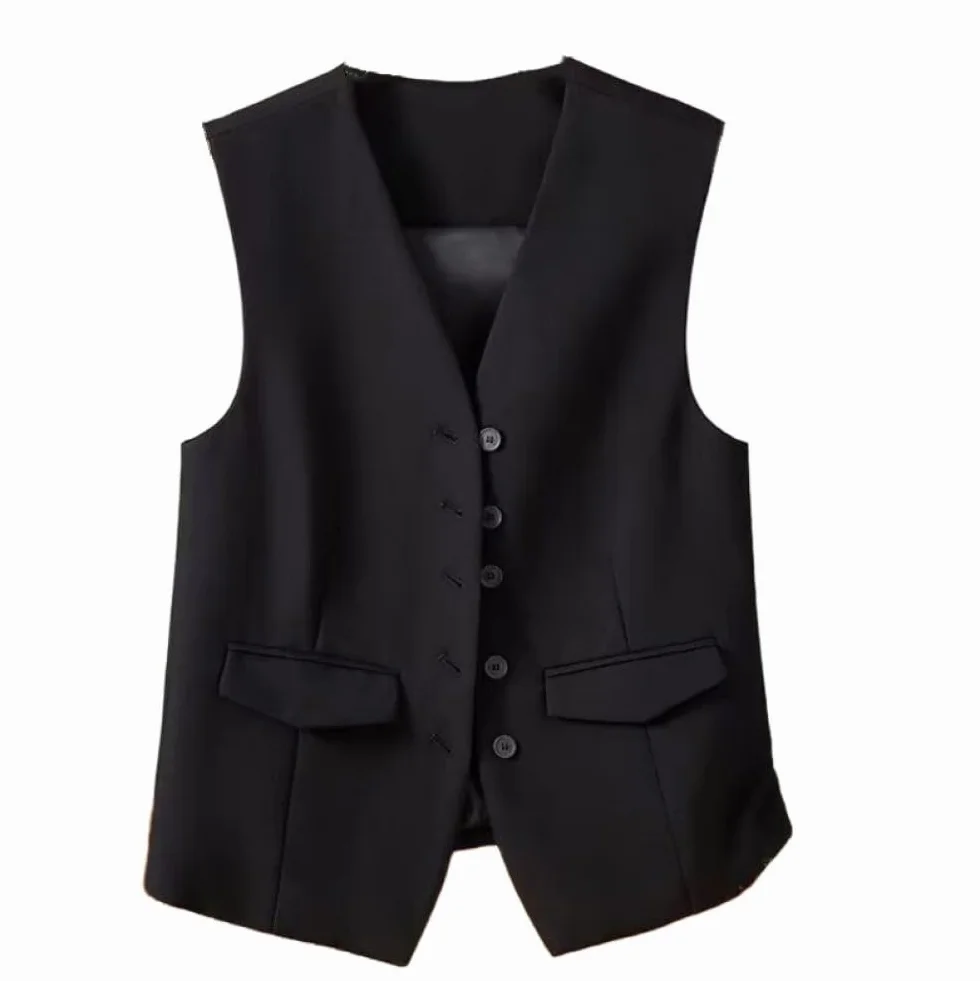 Damska kamizelka, blezer bez rękawów, elegancka, wąska kamizelka zapinana na guziki do pracy i biura, retro kamizelka na imprezę, dekolt w serek, elegancka kamizelka garniturowa, czarna, S