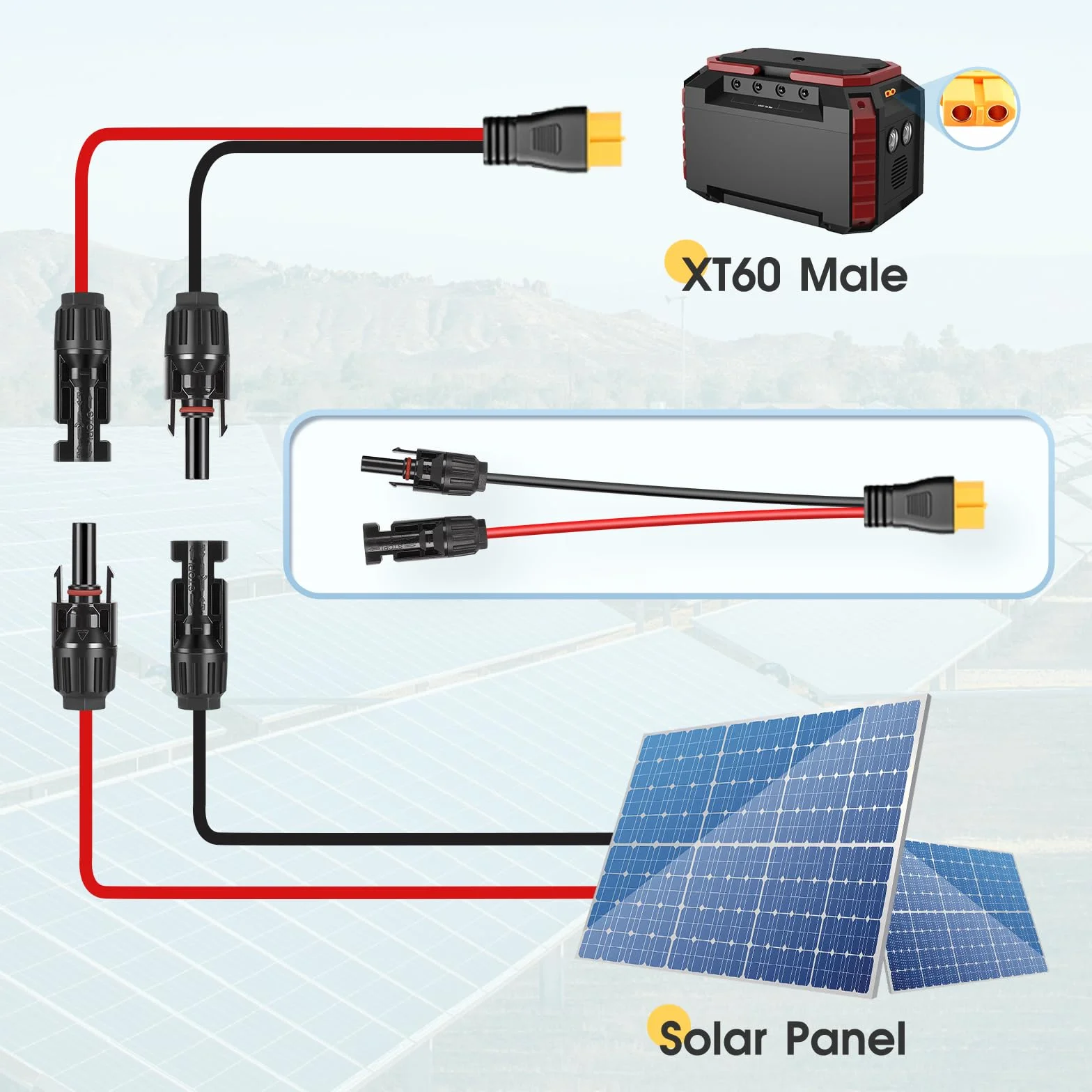Thlevel Solarny kabel do ładowania z wtyczką solarną na XT60, 300 cm, 12 AWG, kabel adapterowy, panel słoneczny, kabel do generatora solarnego, baterii, przenośna stacja zasilania