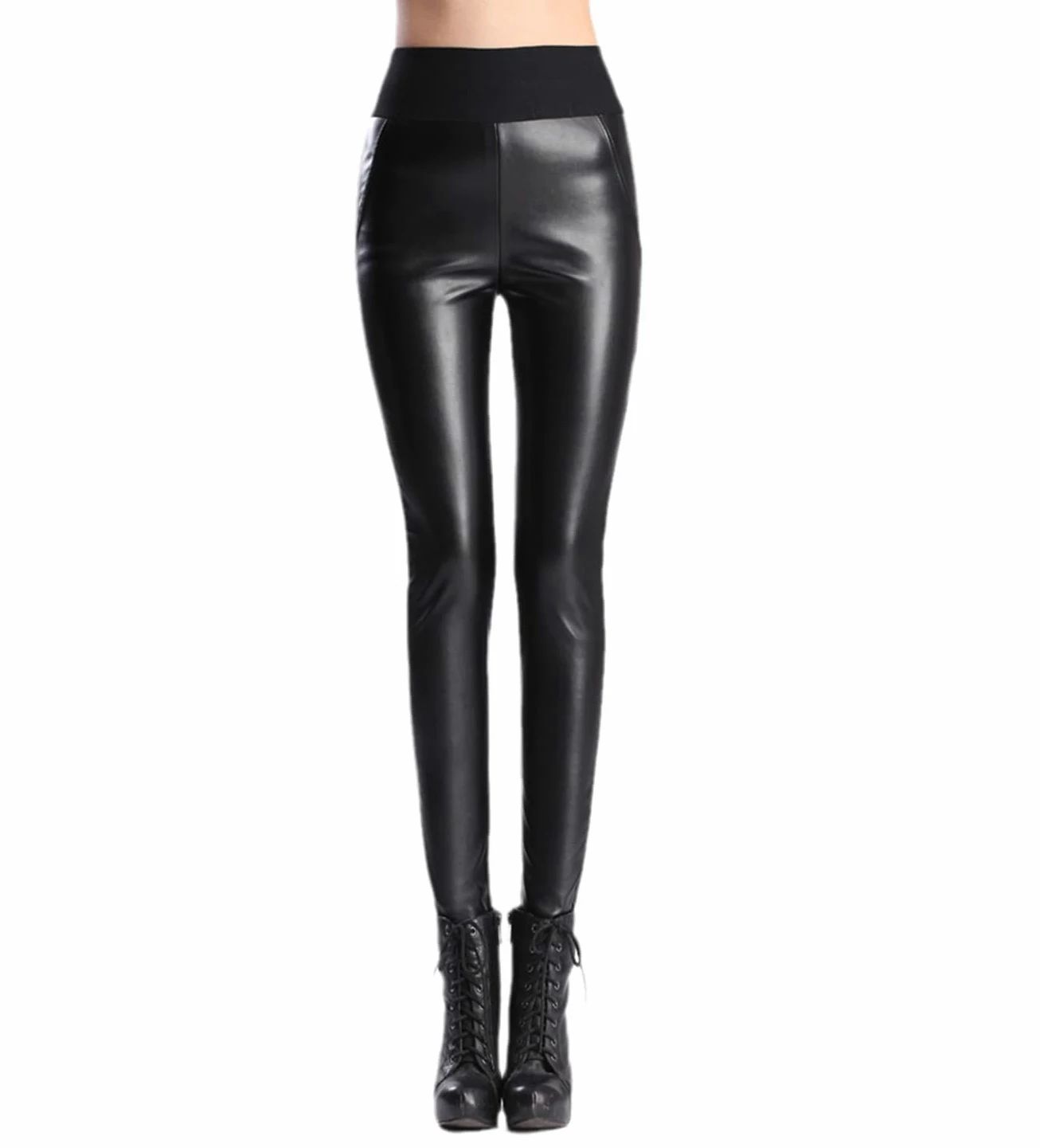 Damskie legginsy ze skóry PU Obcisłe spodnie Wąskie, wysokie, elastyczne spodnie ołówkowe pełnej długości (czarne 4XL)
