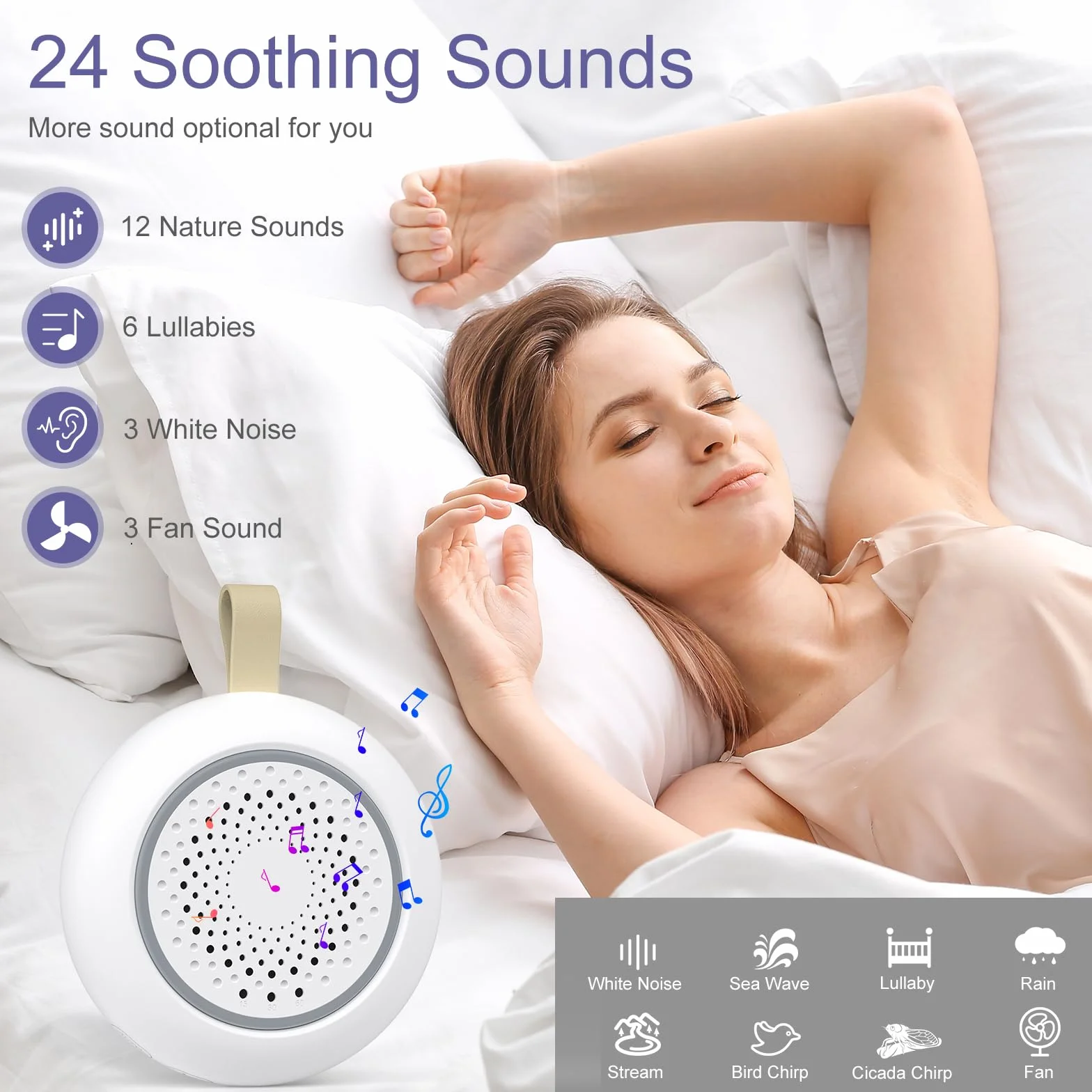 White Noise Machine Baby pomoc w zasypianiu dla niemowląt, 24 uspokajające dźwięki i 3 jasności, ciepła biel, lampka nocna, przenośna, możliwość ponownego ładowania, biały szum z funkcją timera