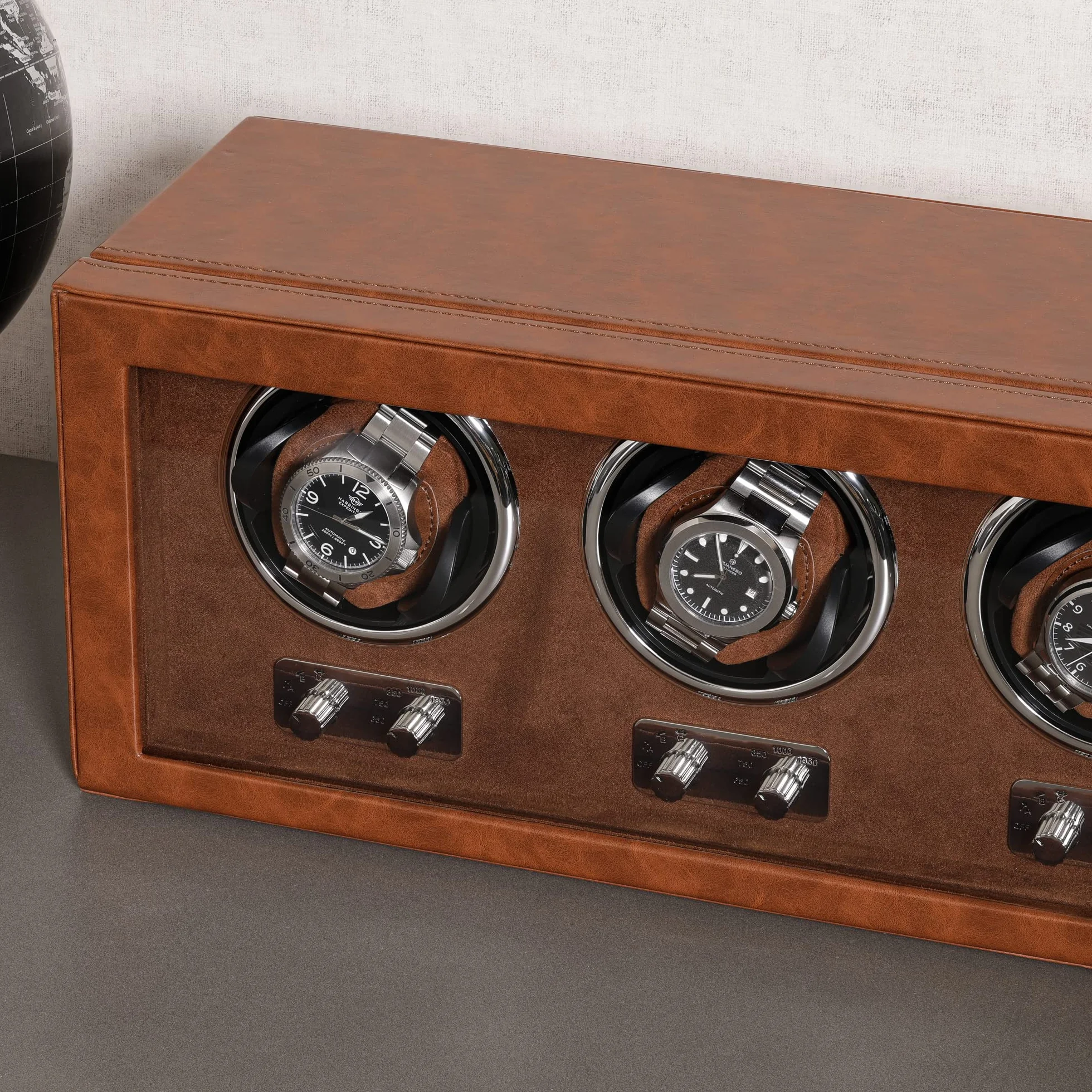 Rothwell Potrójny nawijacz zegarka do automatycznych zegarków z cichym silnikiem z wieloma prędkościami i ustawieniami obrotu, jasnobrązowy/brązowy, 3 Watch Winder