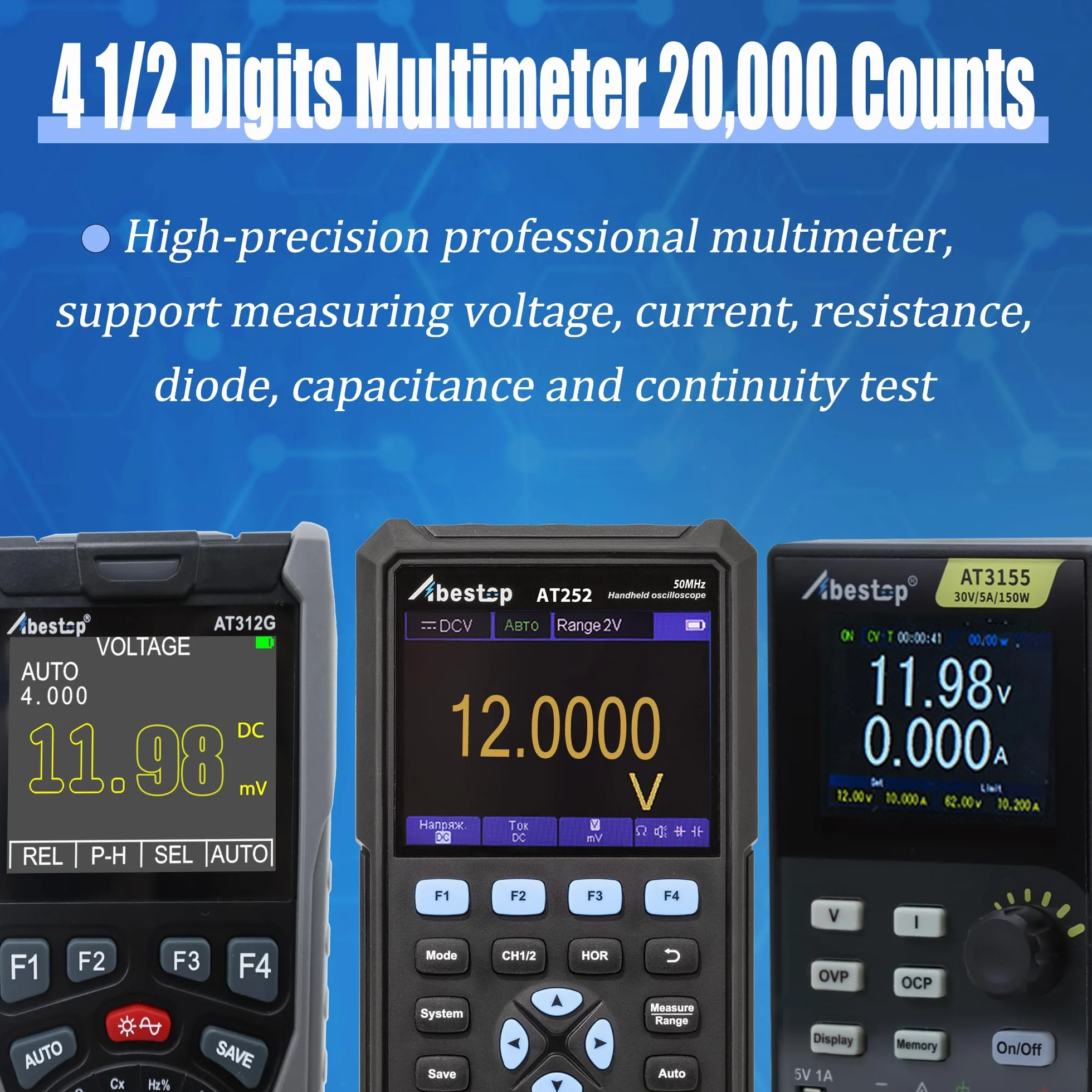Abestope AT252 50MHz Bandwidth Oscilloscope Handheld Digital 2 in 1 Oscilloscope + Multimeter with 2 Channels and 3.5 inch LCD