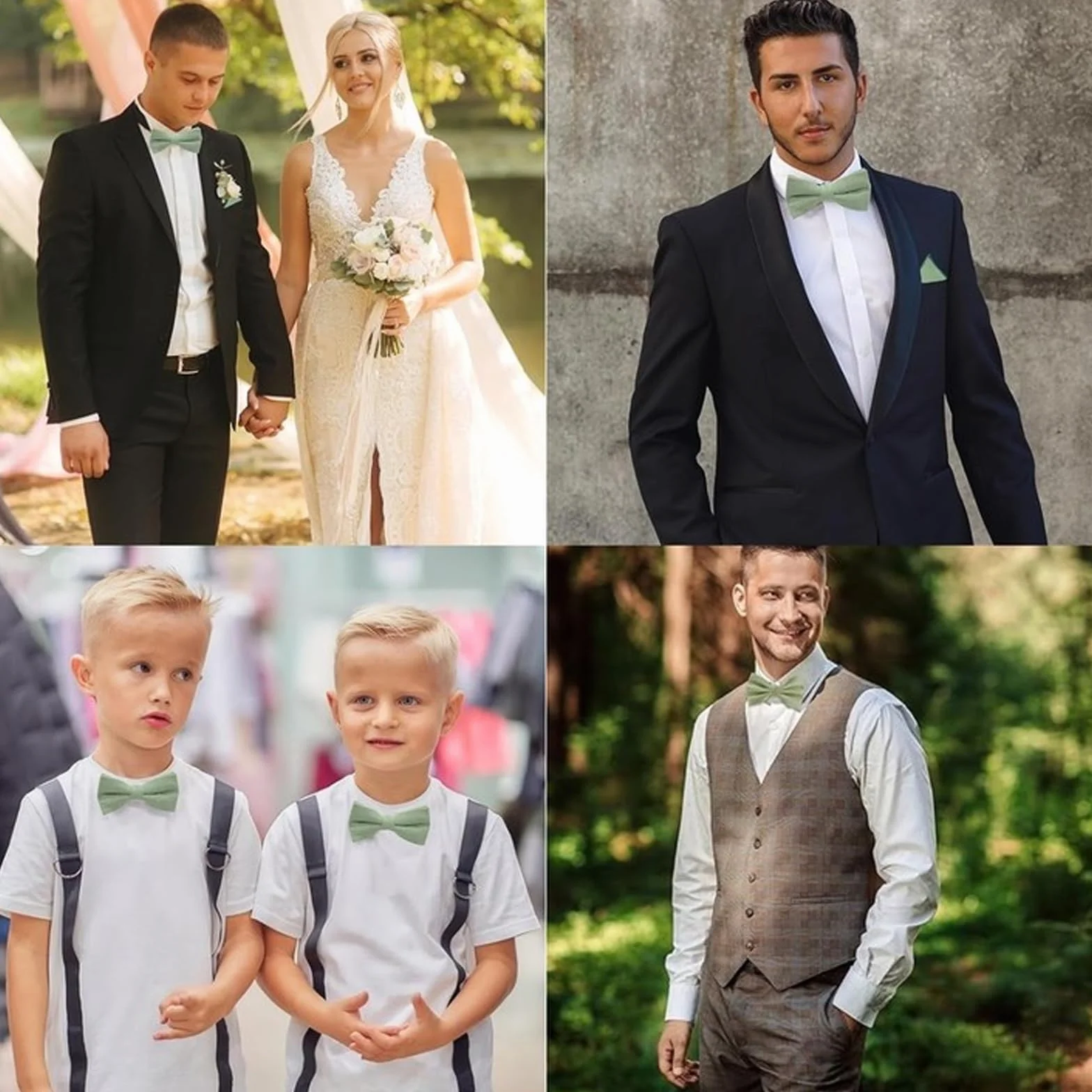 Zestaw muszki męski Zielony z chusteczką i spinkami do mankietów, Eleganckie krawaty dla mężczyzn, Zielona muszka męska na garnitur i ślub, Akcesoria do krawata męskiego Zielony