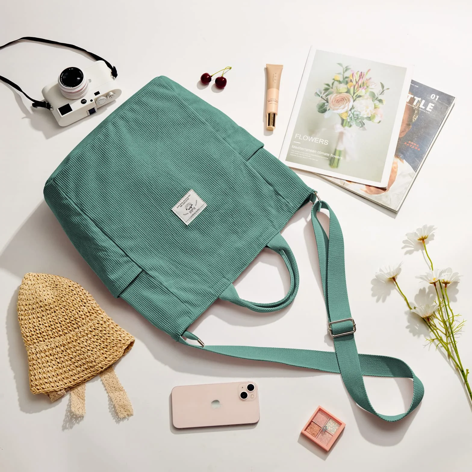 KALIDI Sztruksowa torba hobo, tote, torebka crossbody, duża pojemność, na ramię, z zamkiem błyskawicznym, dla kobiet, dziewcząt, do szkoły, na uczelnię i zakupy, do pracy, Jasnozielony, Large
