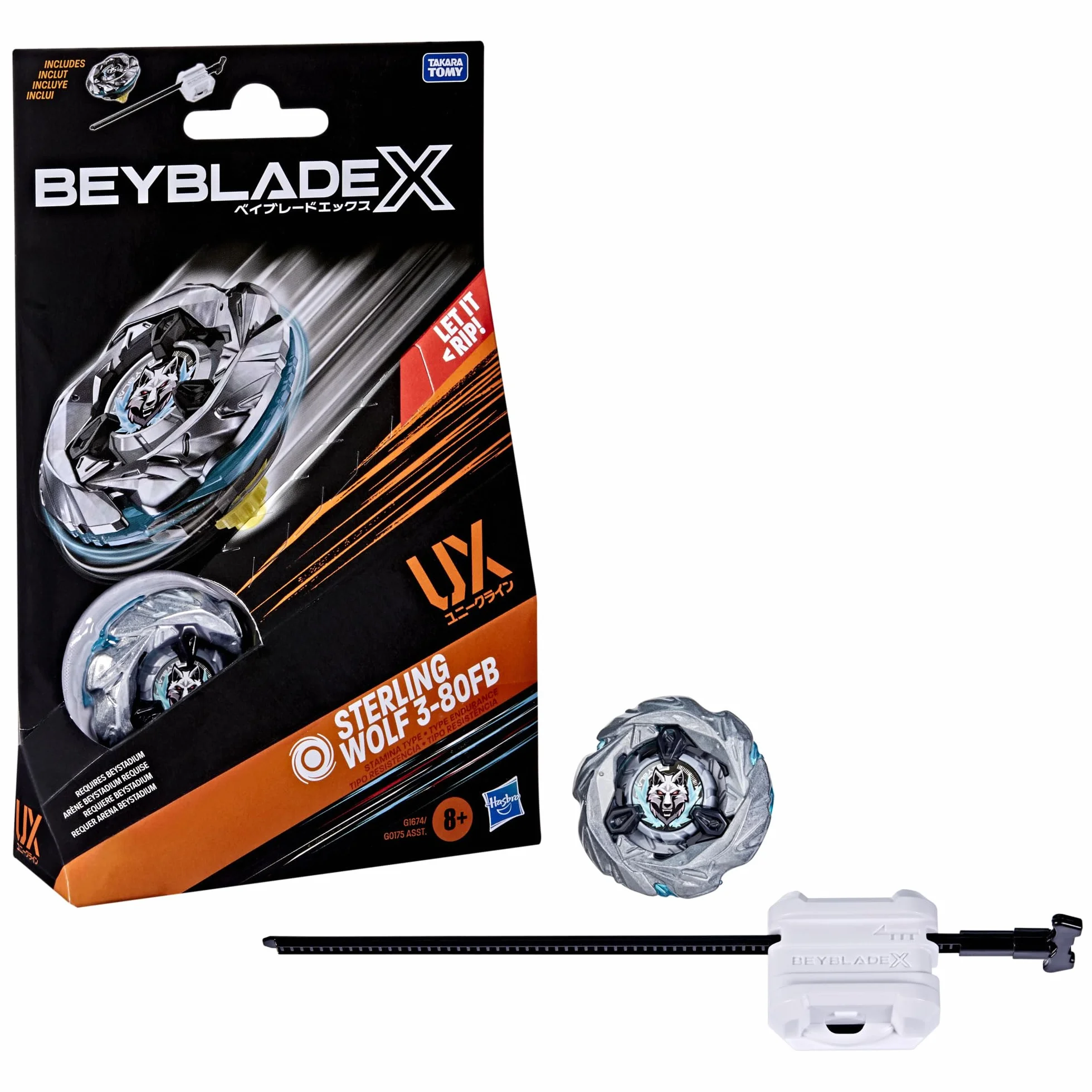 Pakiet startowy Beyblade X Sterling Wolf 3-80FB UX, bączek i wyrzutnia