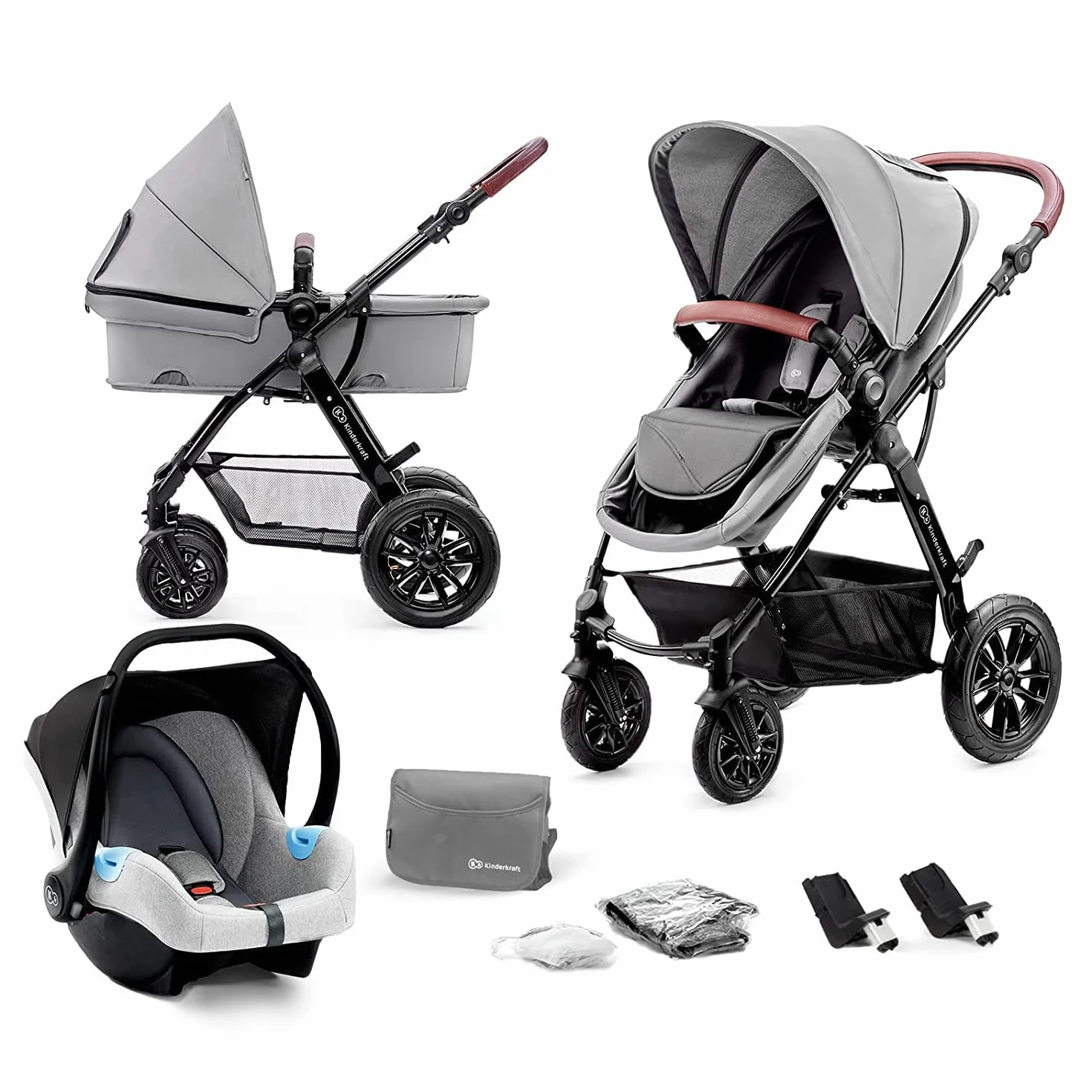 kk KinderkraftWielofunkcyjny Wózek Dziecięcy MOOV 3w1, Spacerówka, Travel system, Fotelik samochodowy i akcesoria w zestawie, Regulacja Oparcia, Amortyzowane koła i stelaż, do 22 kg, Szary