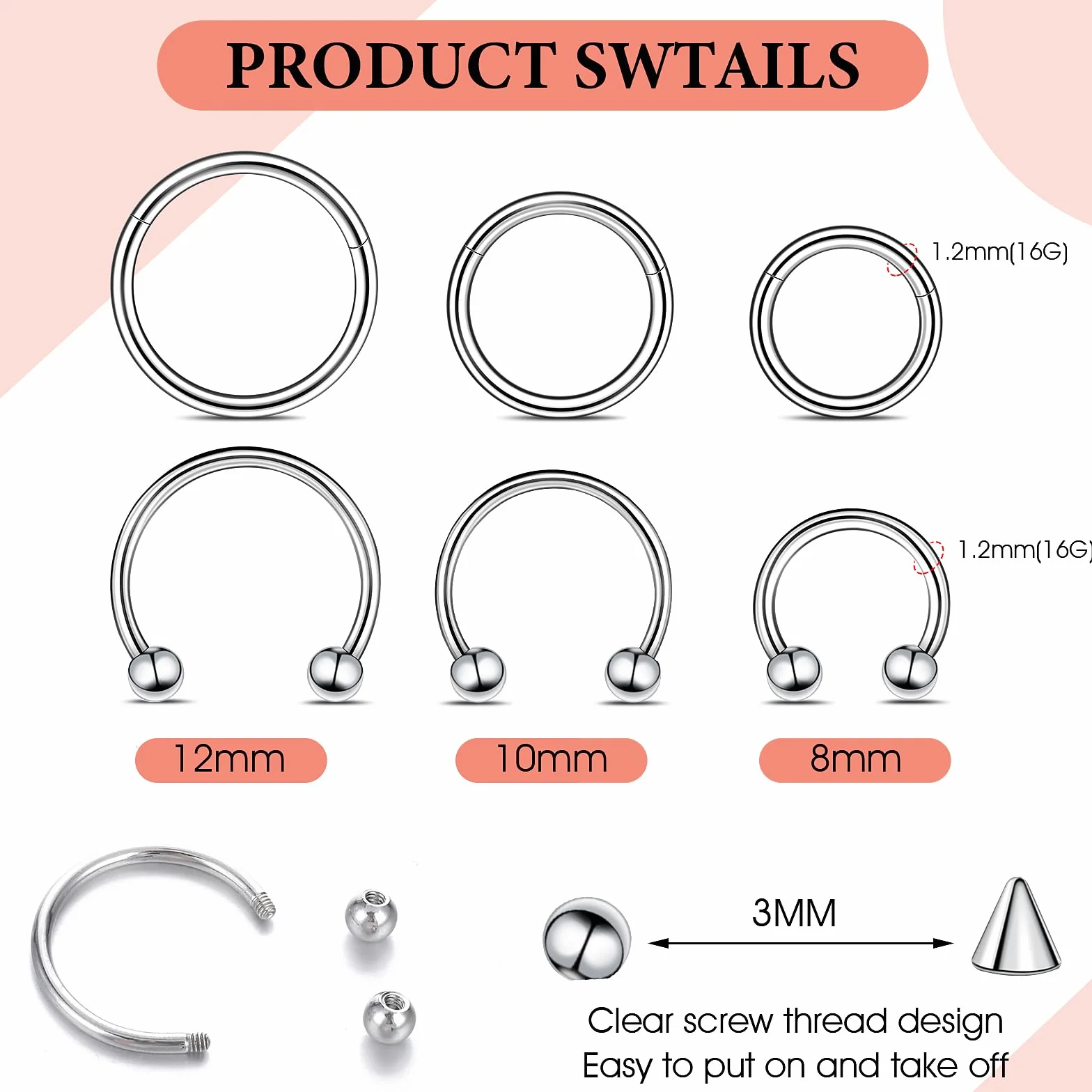 12 sztuk kolczyków do piercingu w kształcie podkowy 16G, septum, do wargi, 8/10/12 mm, stal nierdzewna, srebrny, septum nosowe, stal chirurgiczna, piercing do chrząstki, ucha, z zapasowym szpikulcem