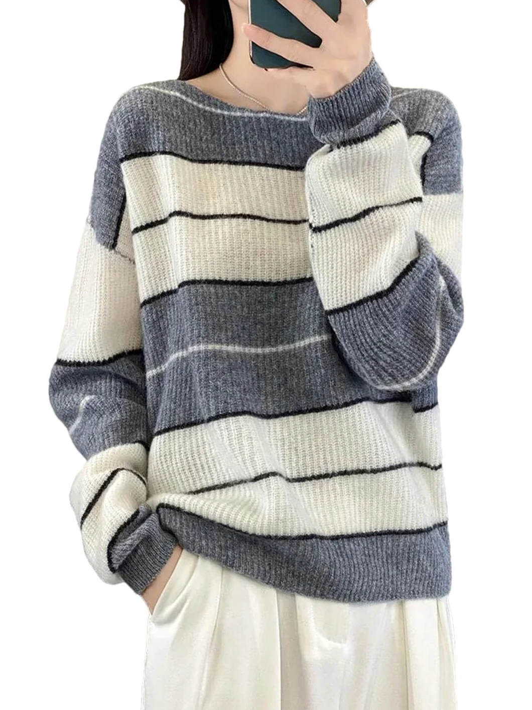 Vogrtcc Damski sweter z długim rękawem oversize sweter wełniany w paski na co dzień kaszmirowa dzianina