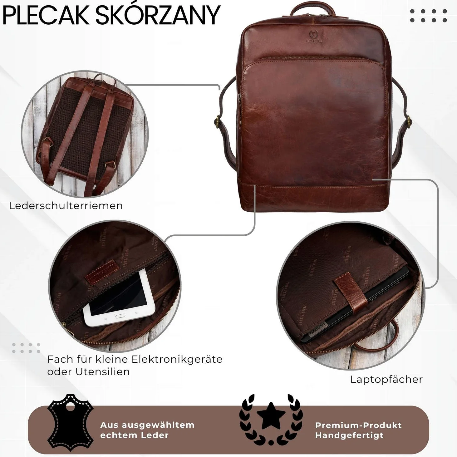 Plecak męski skórzany vintage na laptopa miejski brązowy pojemny Paolo Peruzzi IM-07-CG