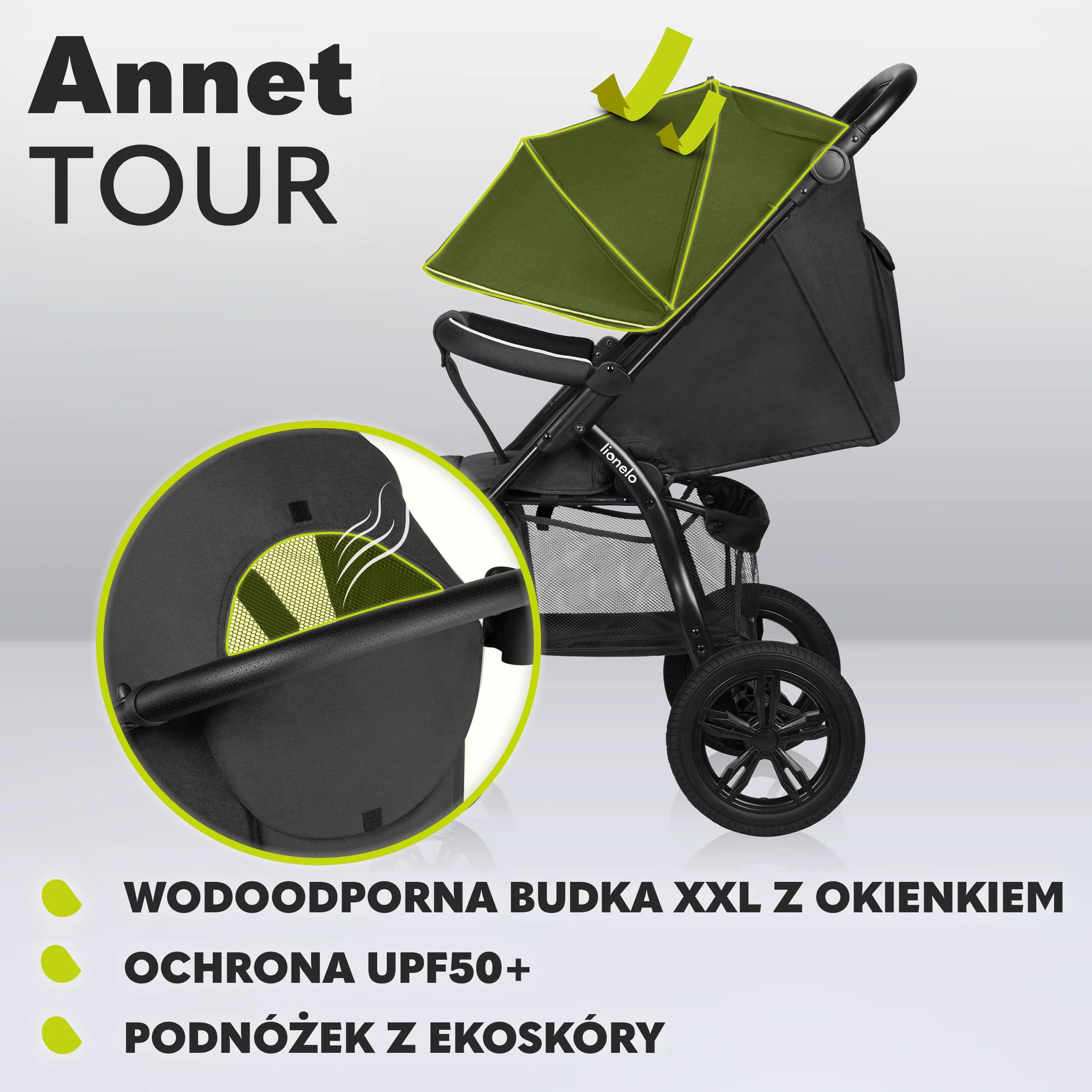 LIONELO Annet Tour Wózek Spacerowy do 22 kg, Regulacja Uchwytu, Regulacja Oparcia do Pozycji Leżącej, Bezobsługowe Duże Koła, Wodoodporna Budka XXL, 5-punktowe pasy, Kosz Zakupowy (Czarny)