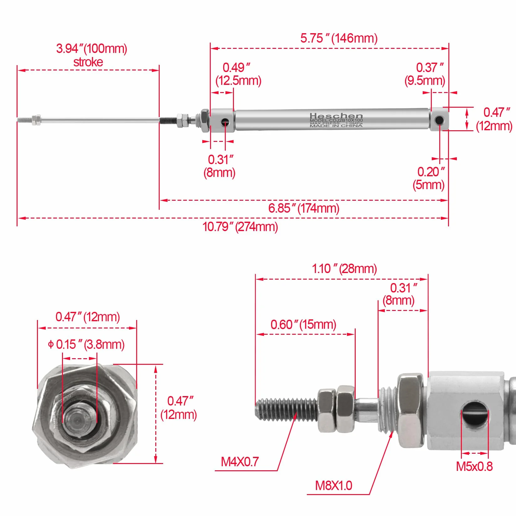 Heschen Slim cylinder pneumatyczny CDJ2B 10-100 M5 port 10 mm otwór 100 mm skok 100 mm