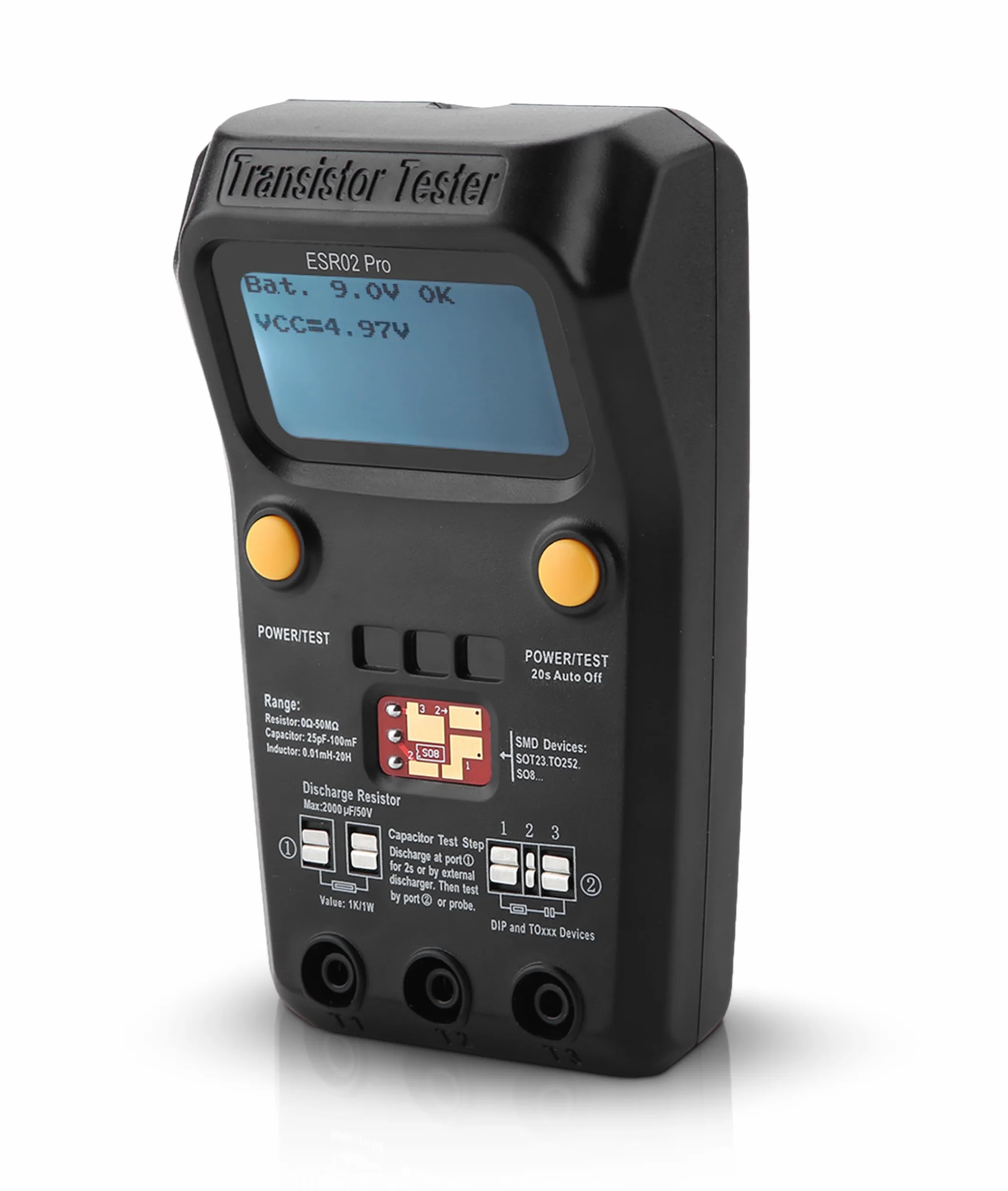 Tester Tranzystorów, Cyfrowy Tester Kondensatorów Tranzystorowych BSIDE ESR02 Pro, Miernik Indukcyjności Komponentów SMD Duży Wyświetlacz LCD z funkcją Podświetlenia