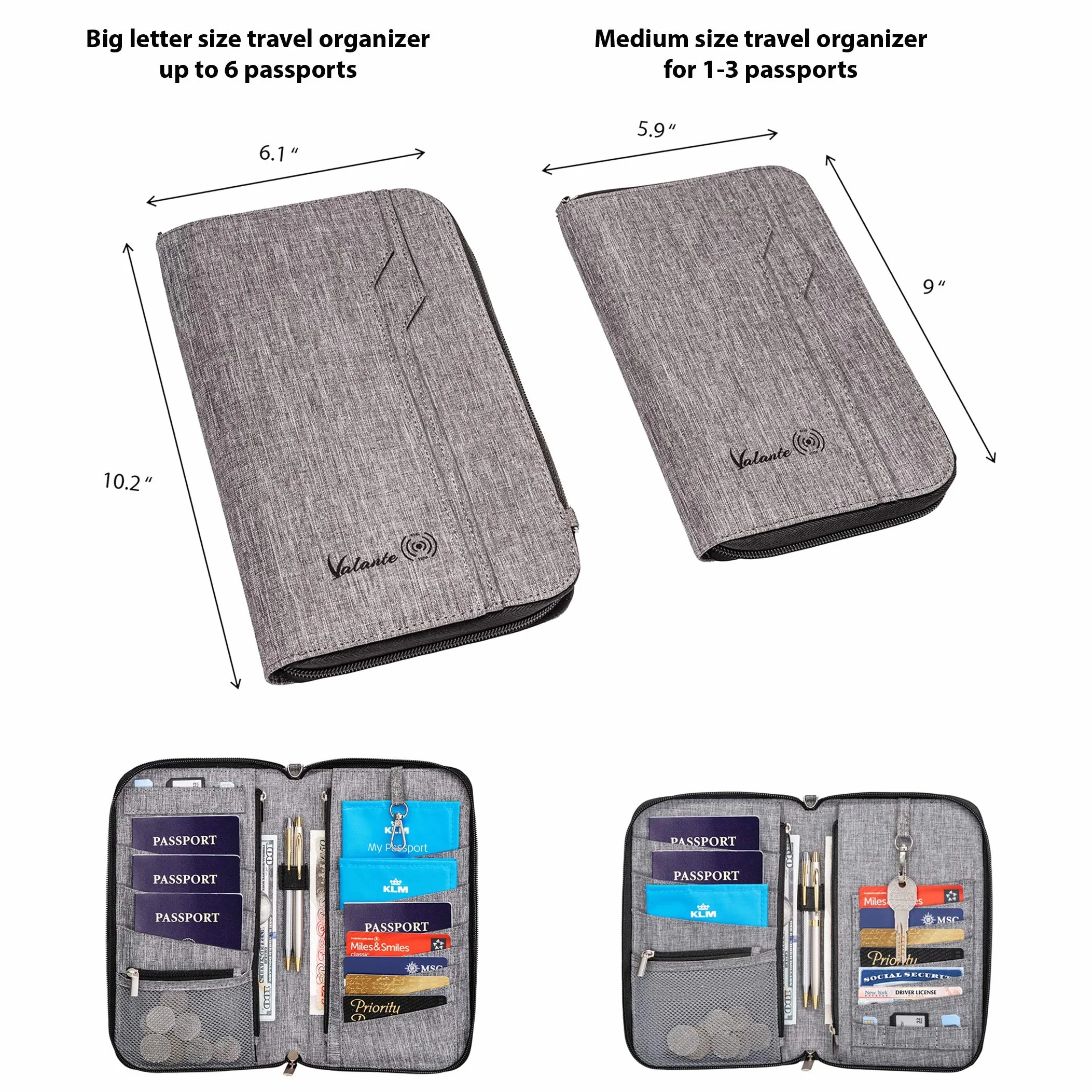 Valante Premium Family Travel Organizer na dokumenty, pojemny portfel RFID na paszport, Szary, L