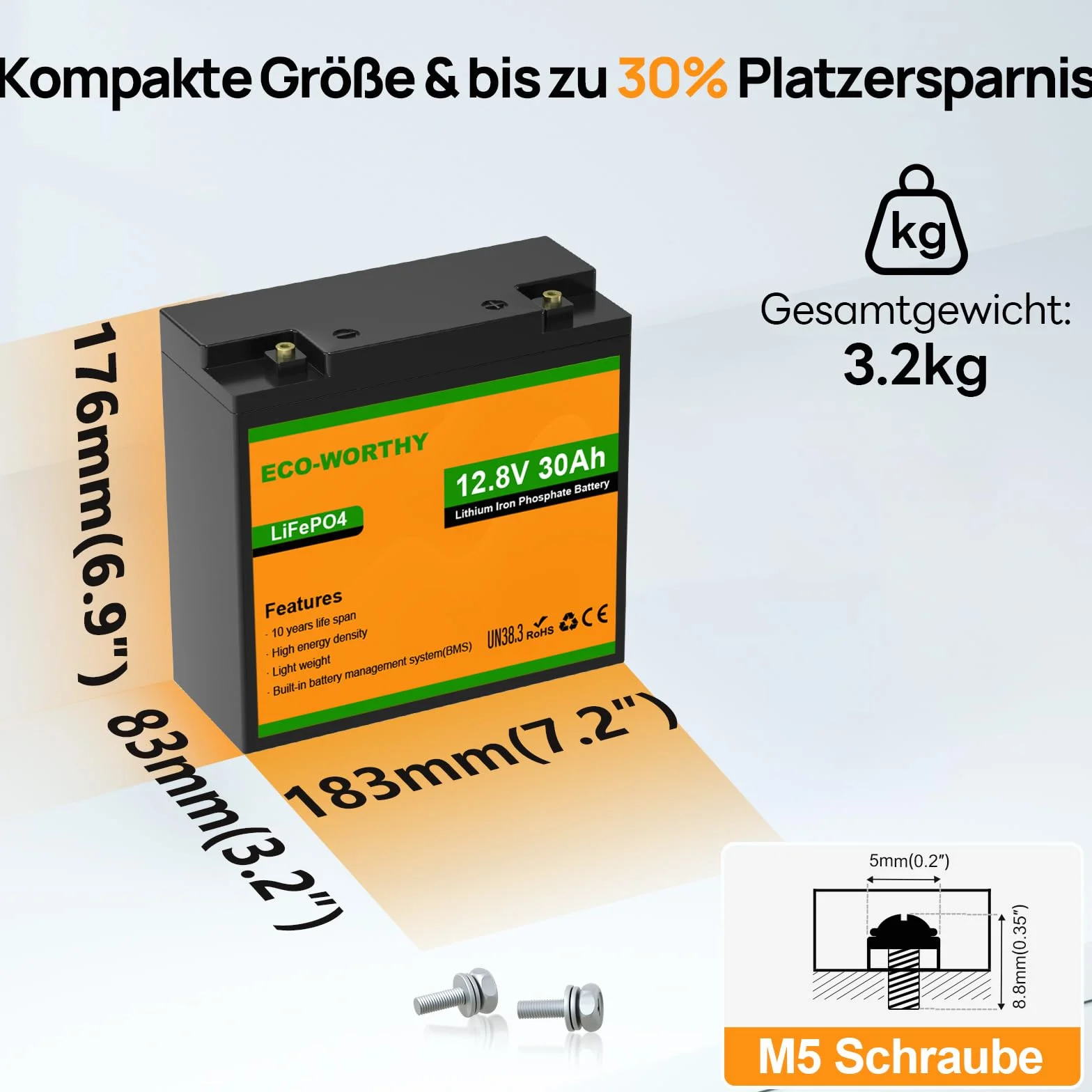 ECO-WORTHY LiFePO4 12 V 30 Ah z ochroną 25 A BMS i maks. 15000 cykli, bateria litowa 384 Wh 12 V 30 Ah do silnika trollingowego, elektrycznych wózków inwalidzkich, skuterów elektrycznych, łodzi