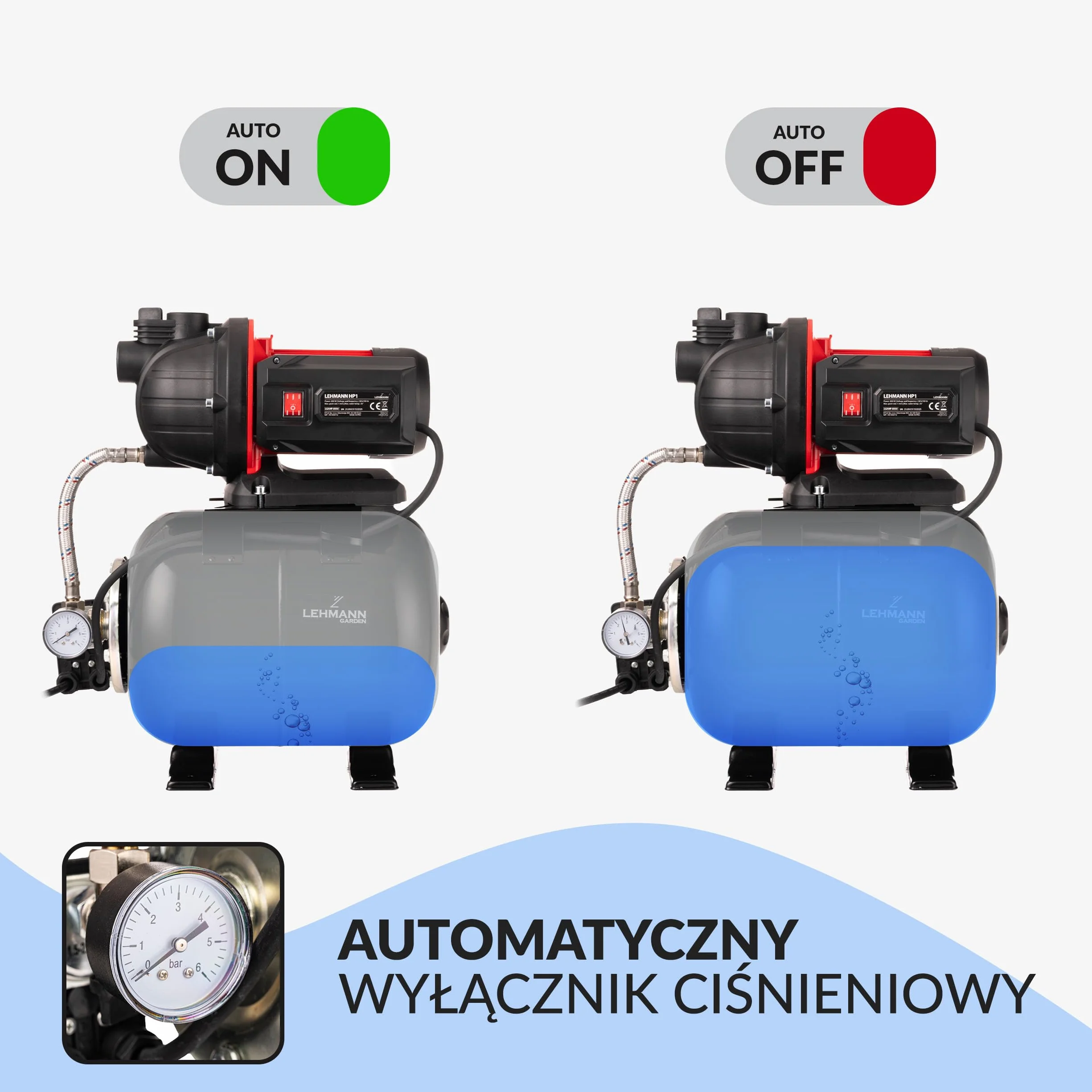 LEHMANN Hydrofor domowy HP1, 800 W, 5200 l/h, zbiornik ciśnieniowy ze stali nierdzewnej 19 l, wysokość tłoczenia 43 m, silnik bezobsługowy, samozasysający, zabezpieczenie przed pracą na sucho
