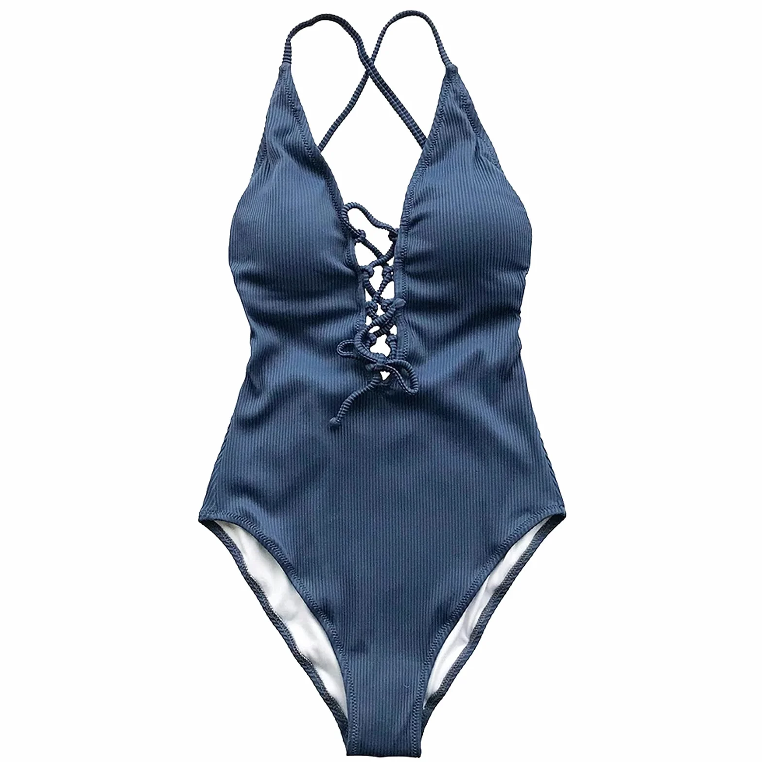 Dwuczęściowy strój kąpielowy Solidny jednoczęściowy strój kąpielowy Kobiety Backless Głębokie V Neck Lace Up Sexy Body Nowy strój kąpielowy na plaży Stroje kąpielowe Bikini Set (A XS)
