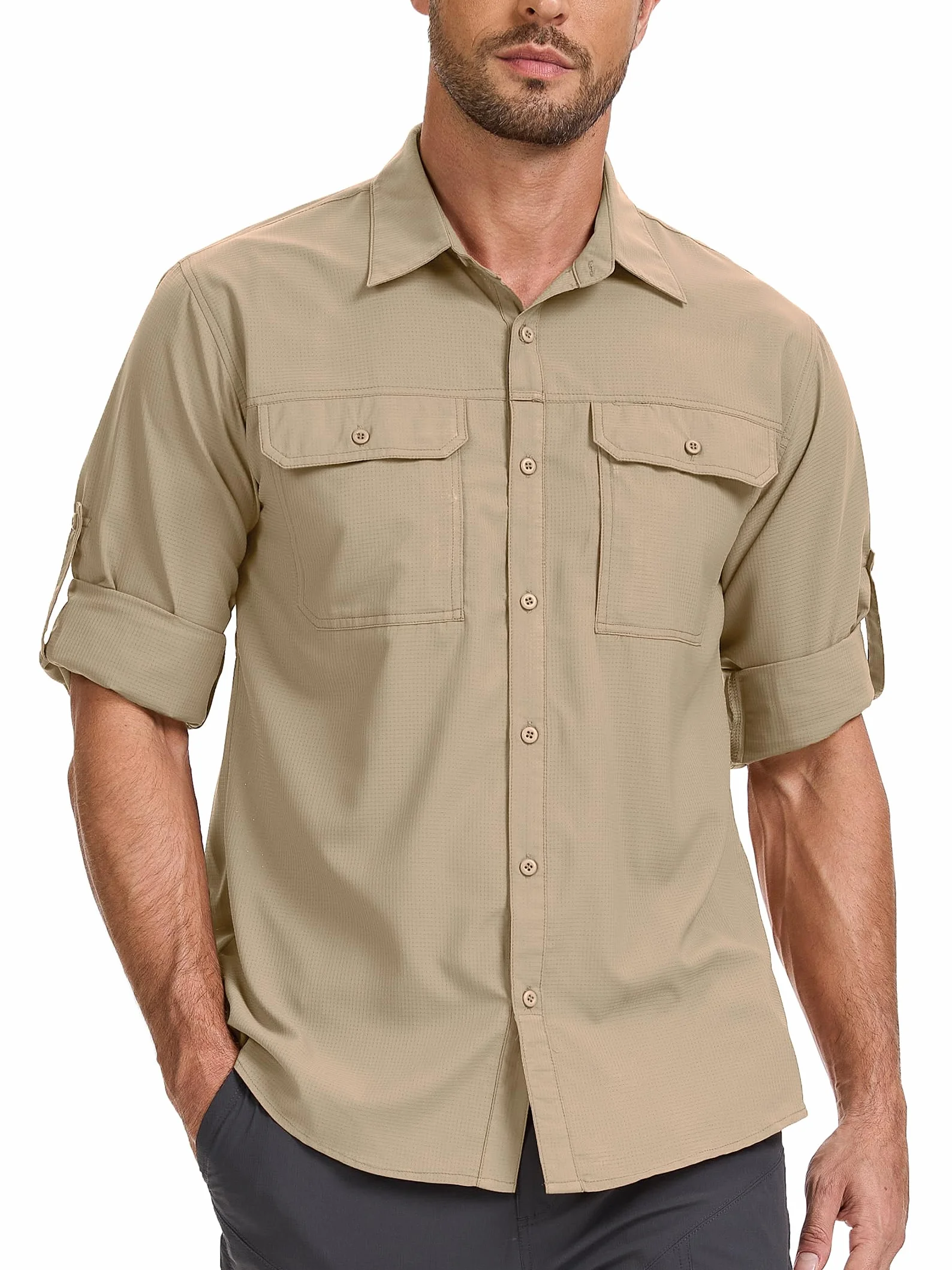 Safari koszula męska, UPF50+, ochrona przed promieniowaniem UV, koszula outdoorowa, męska, koszula funkcyjna, oddychająca, szybkoschnąca, koszula rekreacyjna, zapinana na guziki