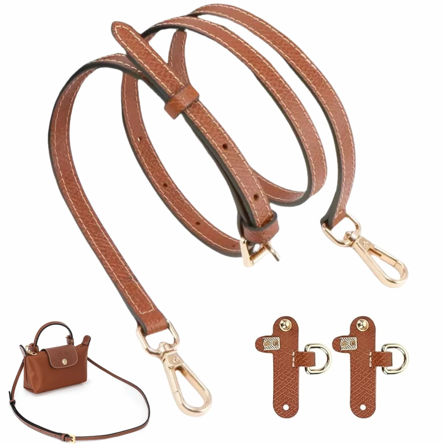 Skórzany pasek na ramię do torebki Longchamp, brązowy, mini Bag Straps z 2 adapterami, 1,2 cm