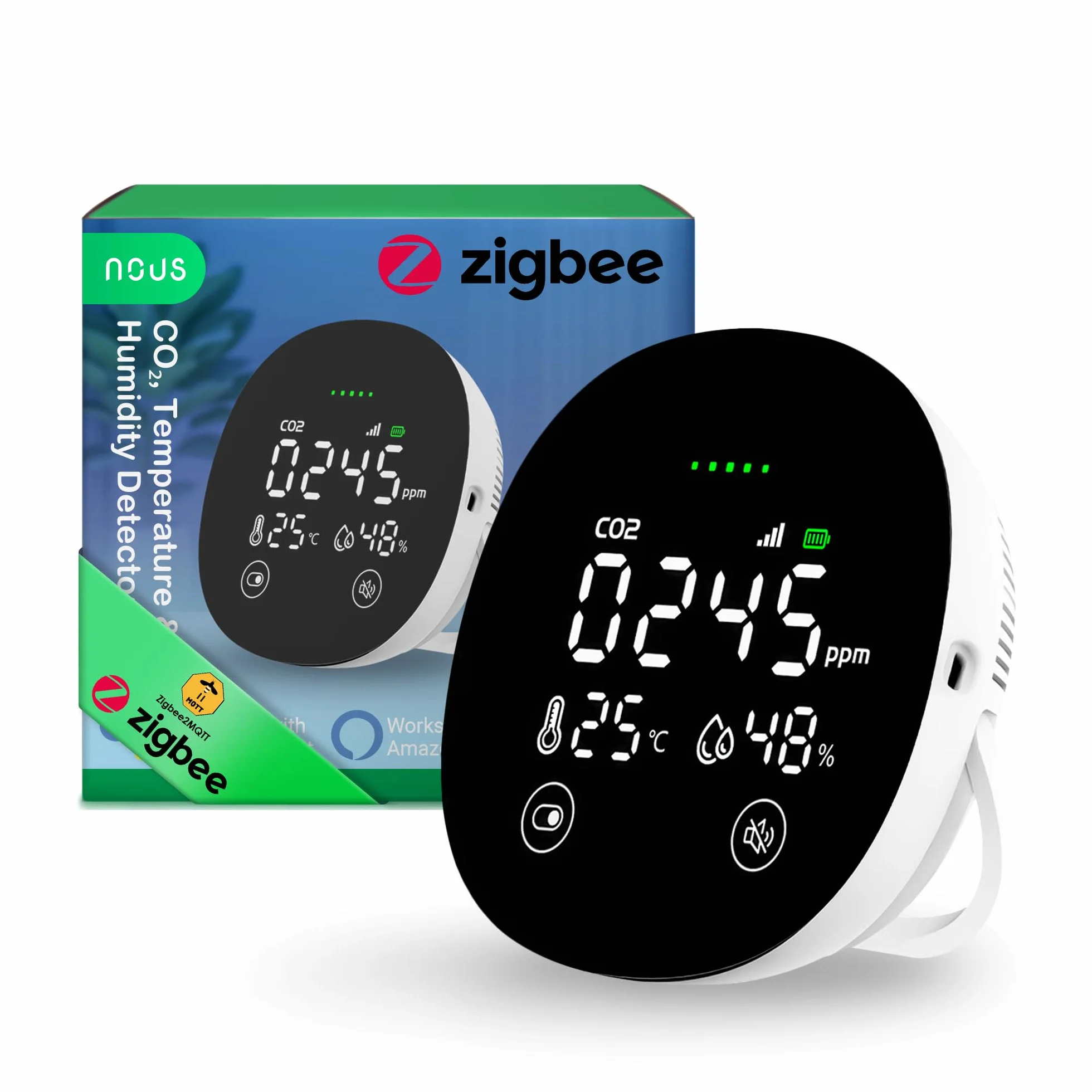 Nous E10 ZigBee czujnik CO2 z czujnikiem temperatury i wilgotności powietrza, inteligentny monitor jakości powietrza, wskaźnik LED, alarm aplikacji, monitorowanie w czasie rzeczywistym, Zigbee 3.0