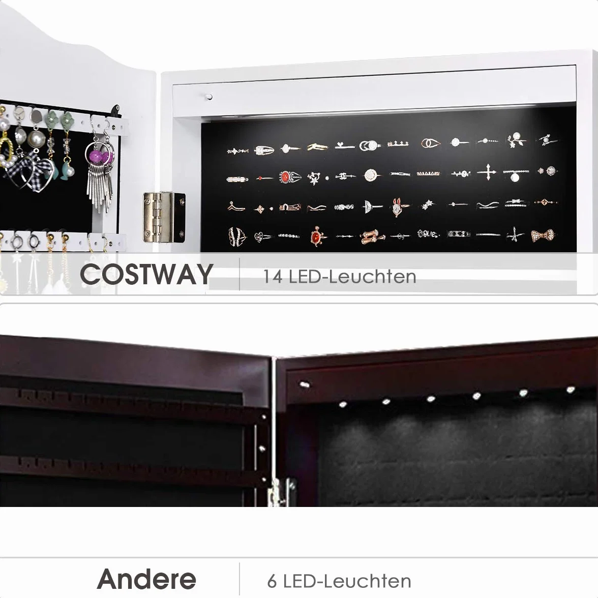 COSTWAY Szafka na biżuterię z 14 diodami LED, regał na biżuterię z lustrem na całe ciało, zamykana, szafka z lustrem na biżuterię, 4-stopniowa regulacja nachylenia, na pierścionki, haczyki na