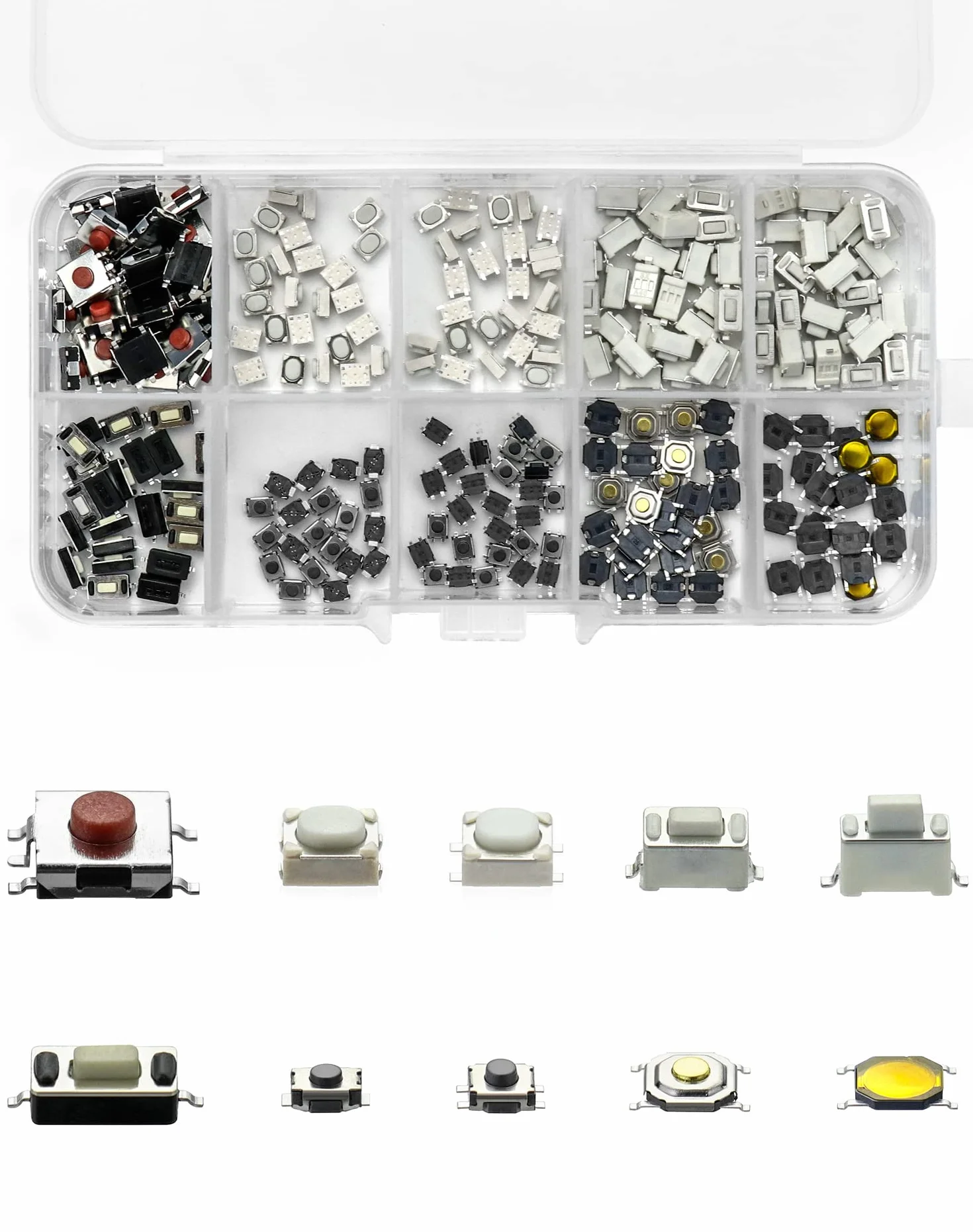 QWORK® 250 sztuk mikroprzełącznik 10 wartości, dotykowy przełącznik ciśnienia, mikroprzełącznik, z plastikowym pudełkiem, do kluczyków z pilotem samochodowym;
