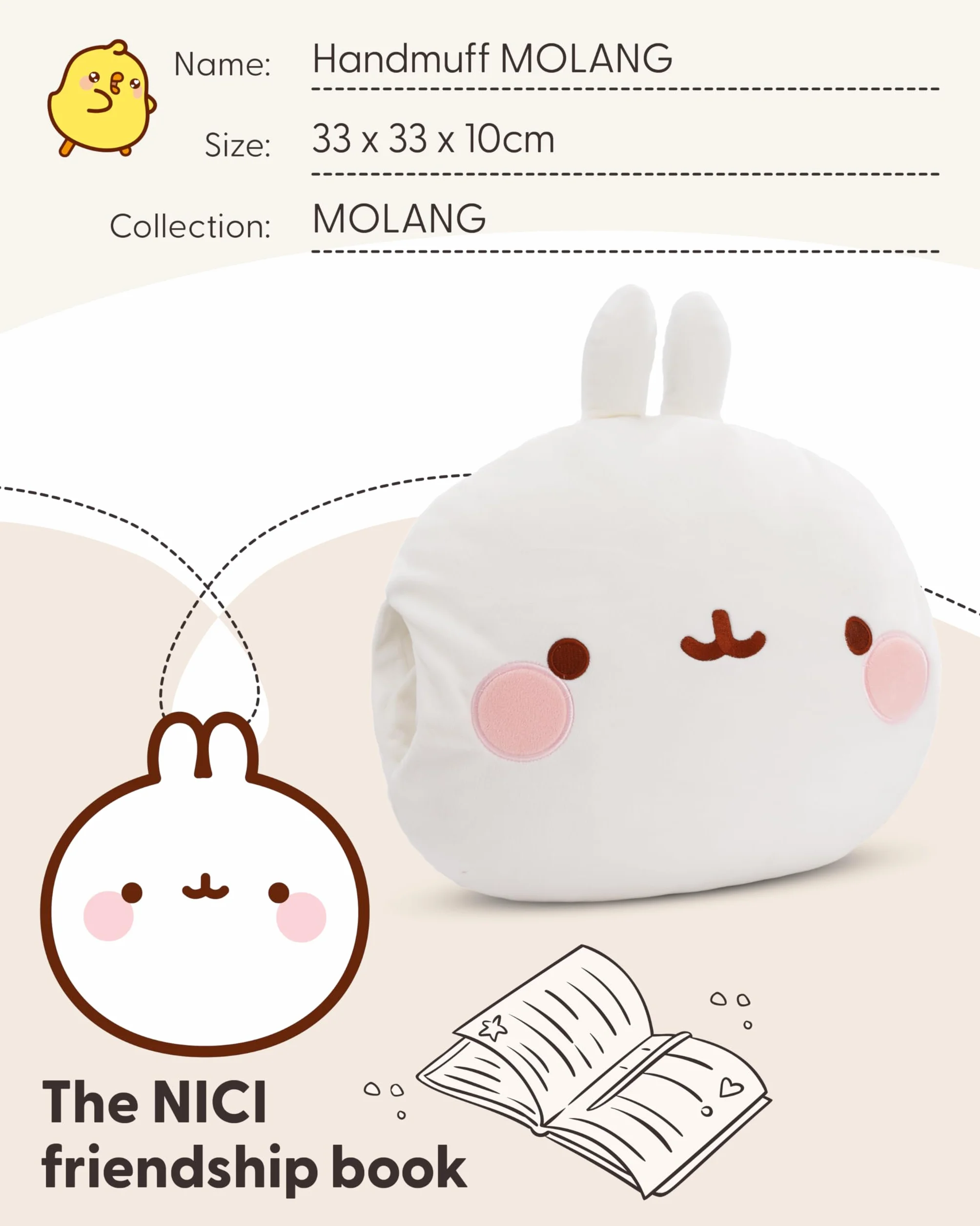 NICI Pluszowa mufka Molang 33×33×10 cm – puchaty ocieplacz do rąk z twarzą Molanga, idealny na chłodne dni | 61169