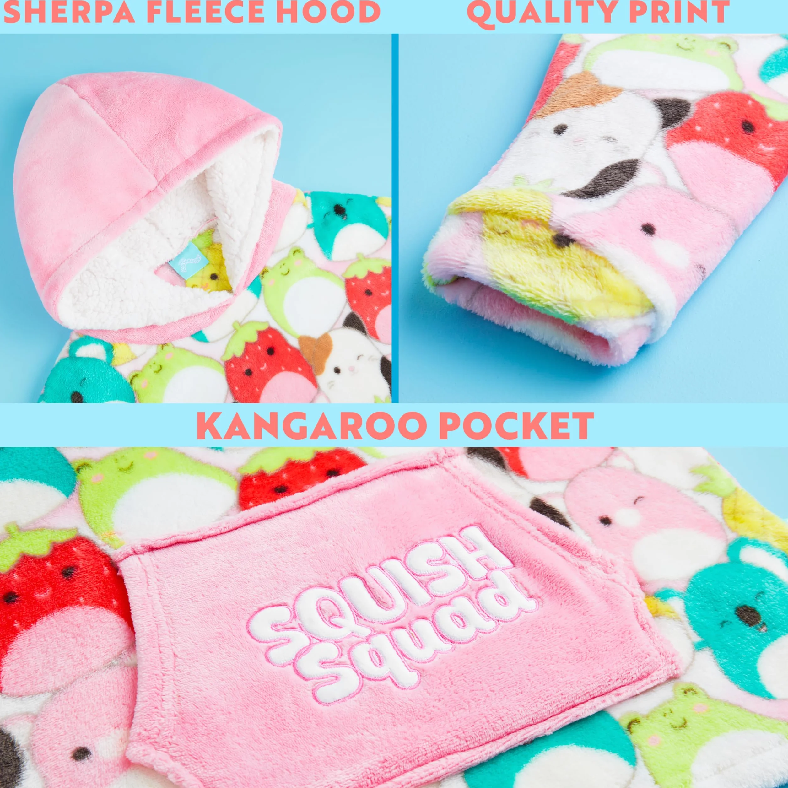 Squishmallows Bluza z kapturem dla dziewczynek w wieku 6-14 lat, śliczny polarowy koc bluza oversize, prezenty dla niej