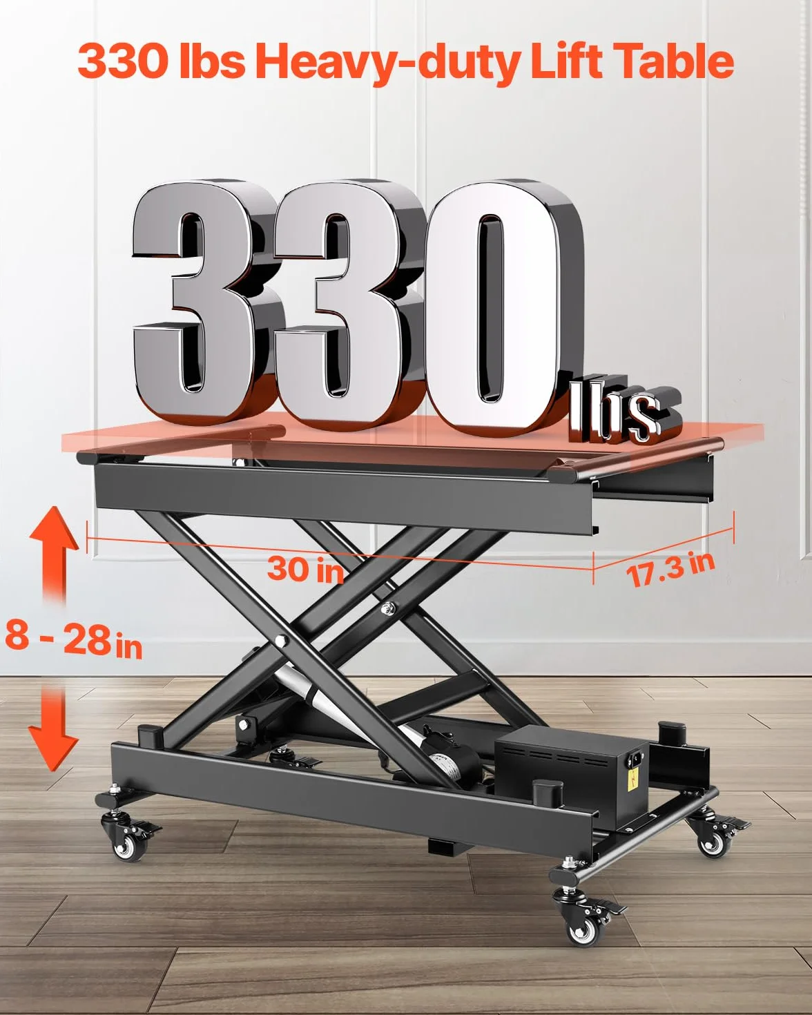 VEVOR Elektryczny stół podnoszący, 76 x 44 cm, nośność 150 kg, podnośnik nożycowy, 200 do 710 mm, z regulacją wysokości, podnośnik kawowy z 4 kółkami, do obsługi materiałów i transportu, czarny