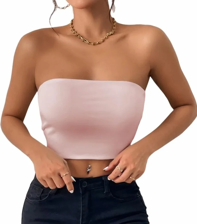 Tube Top Damski T-shirt bez ramiączek Lato Bandeau Slim Fit Bez rękawów Crop Topy z elastycznym paskiem Podwójna warstwa Bluzka Podstawowa tuba Y2K Koszula Sexy Bez wyściółki Stroje