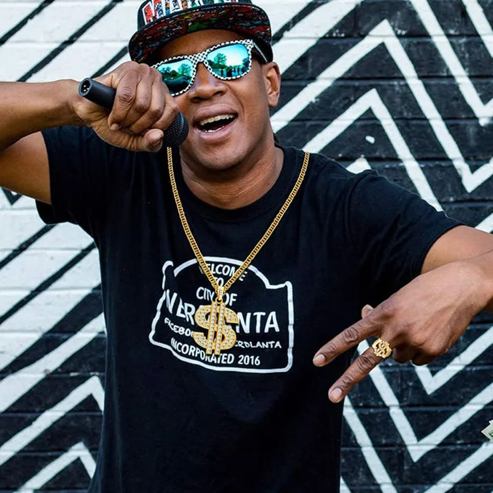 JKJF Naszyjnik ze znakiem dolara, zestaw pierścionków, lata 80. i 90., hip hop, naszyjnik, raper, złoty łańcuszek, dla mężczyzn, kobiet, na imprezę, cosplay, materiały - złoty